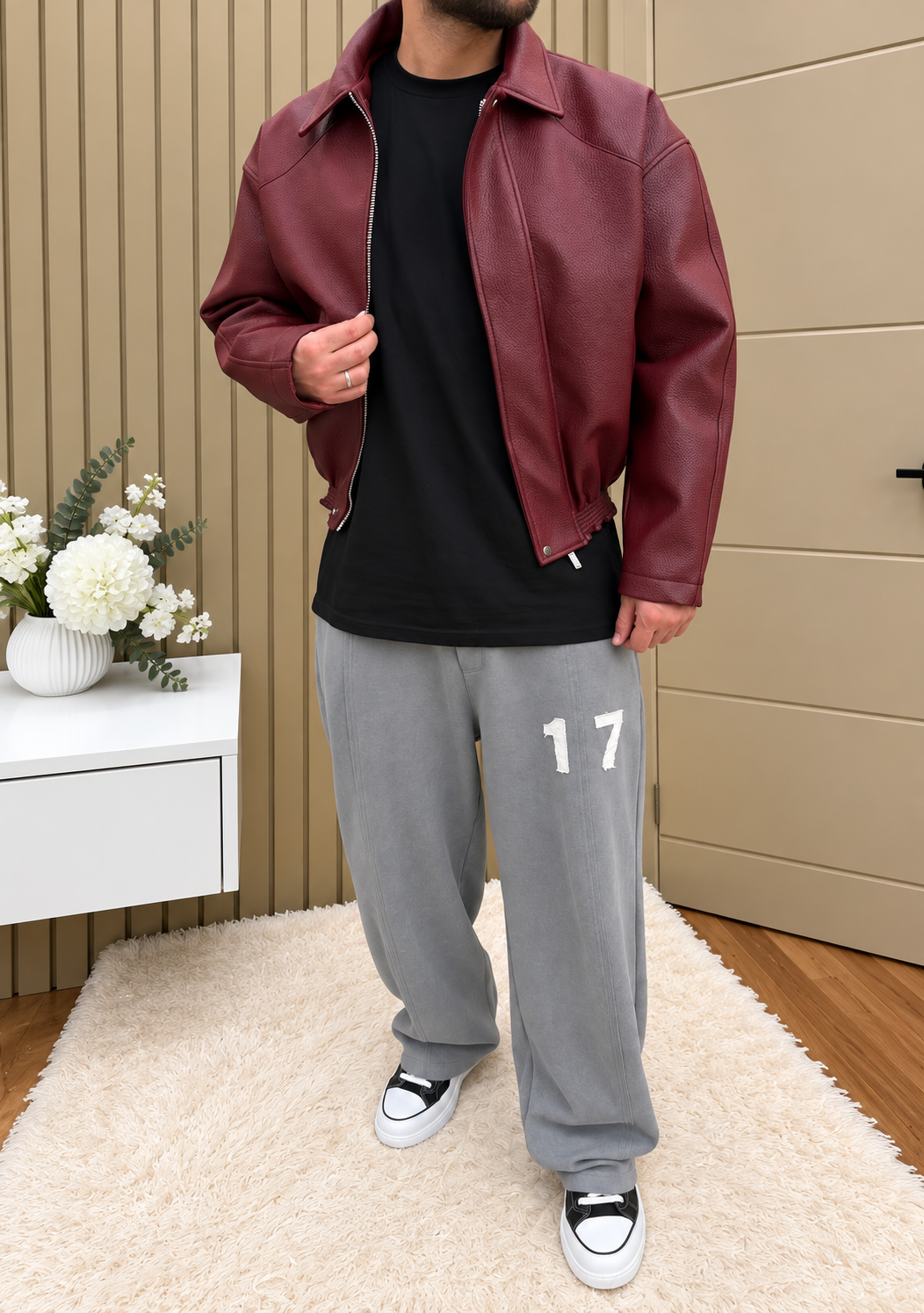 Oversize Crop Kesim Deri Ceket Bordo