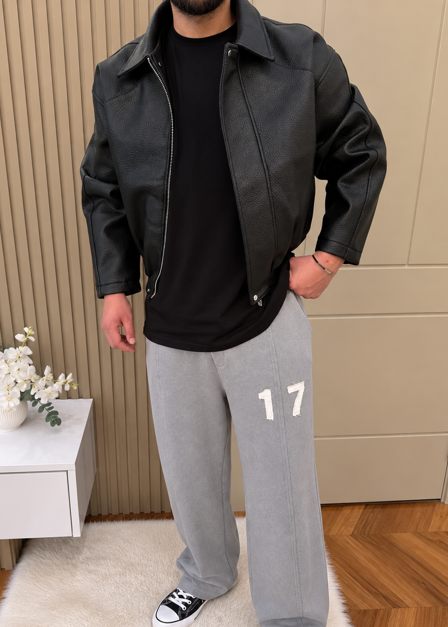 Oversize Crop Kesim Deri Ceket Siyah
