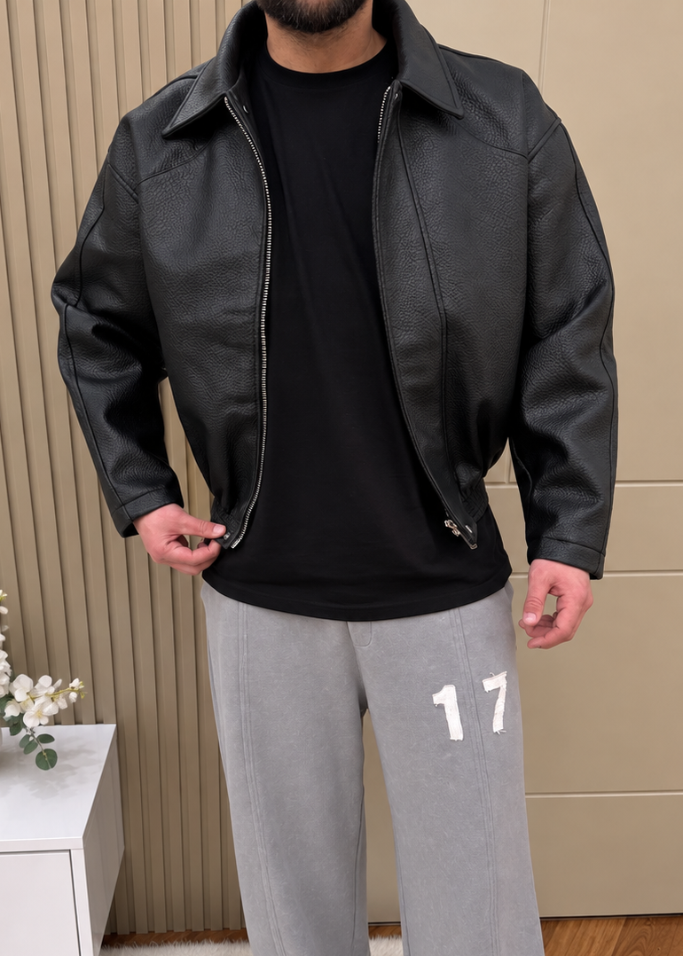Oversize Crop Kesim Deri Ceket Siyah
