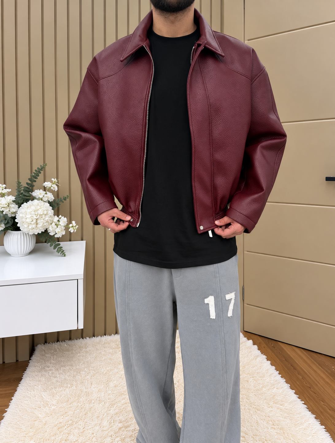 Oversize Crop Kesim Deri Ceket Bordo