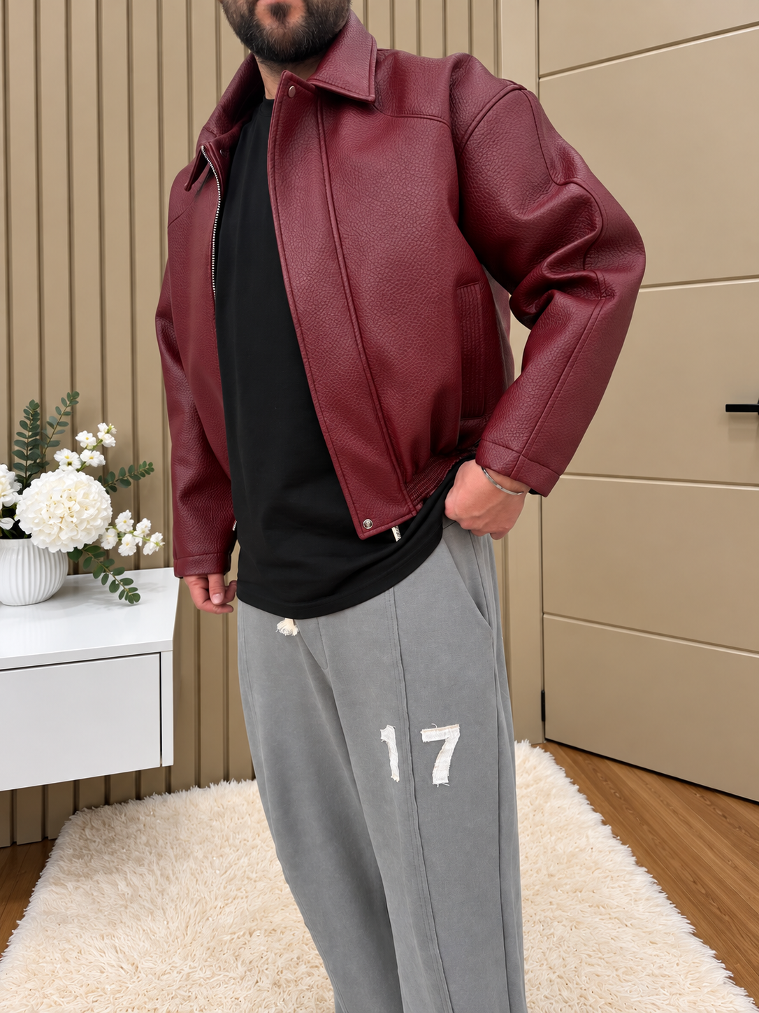 Oversize Crop Kesim Deri Ceket Bordo