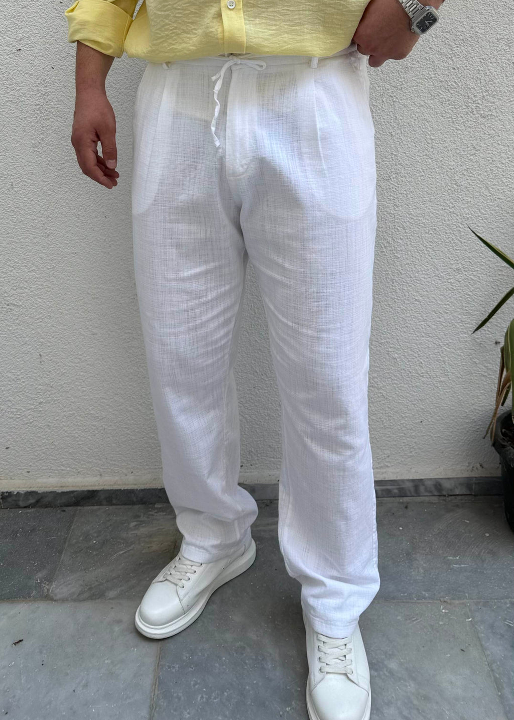 Basic Keten Baggy Pantolon Beyaz