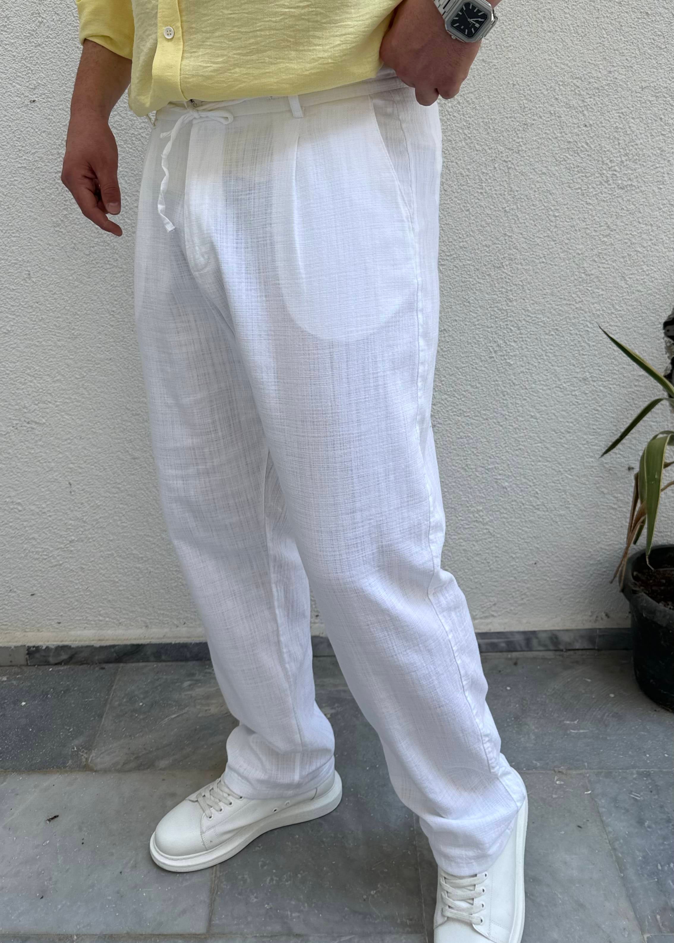 Basic Keten Baggy Pantolon Beyaz
