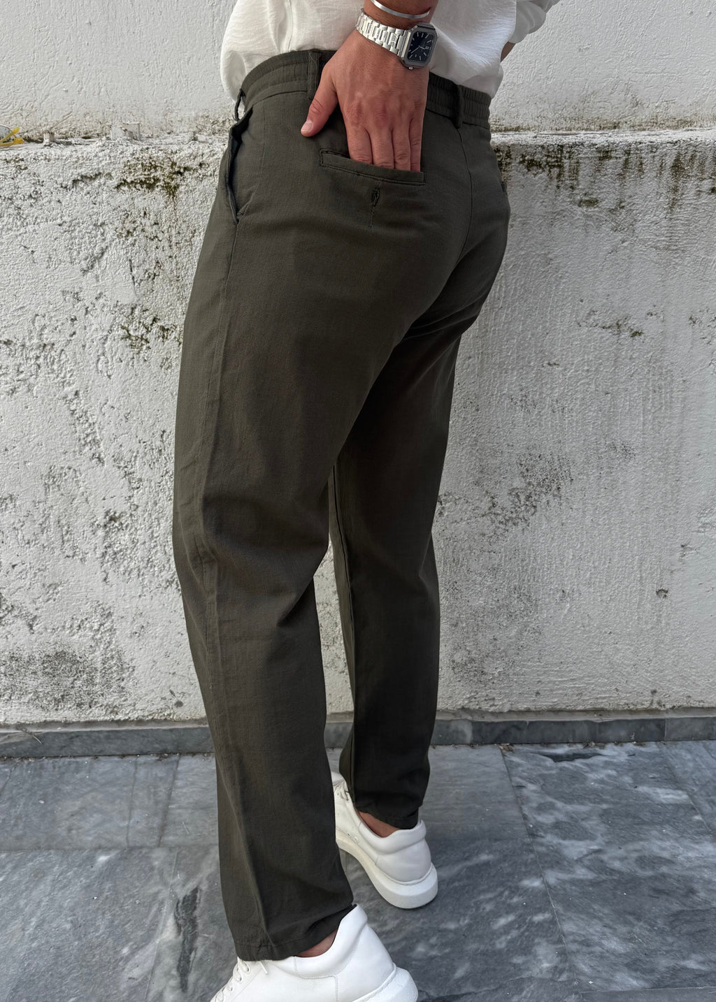 Basic Keten Baggy Pantolon Haki Yeşil