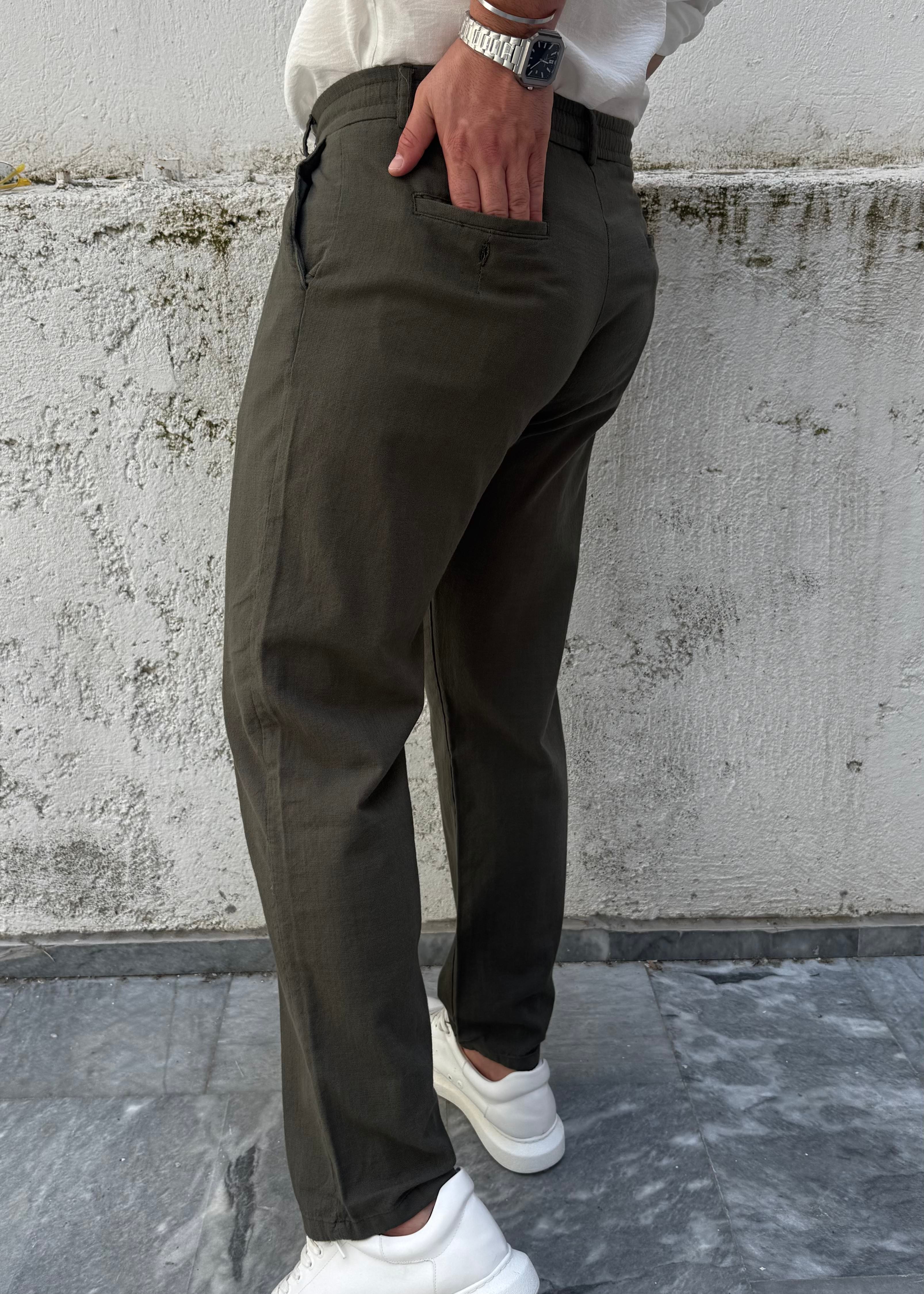Basic Keten Baggy Pantolon Haki Yeşil