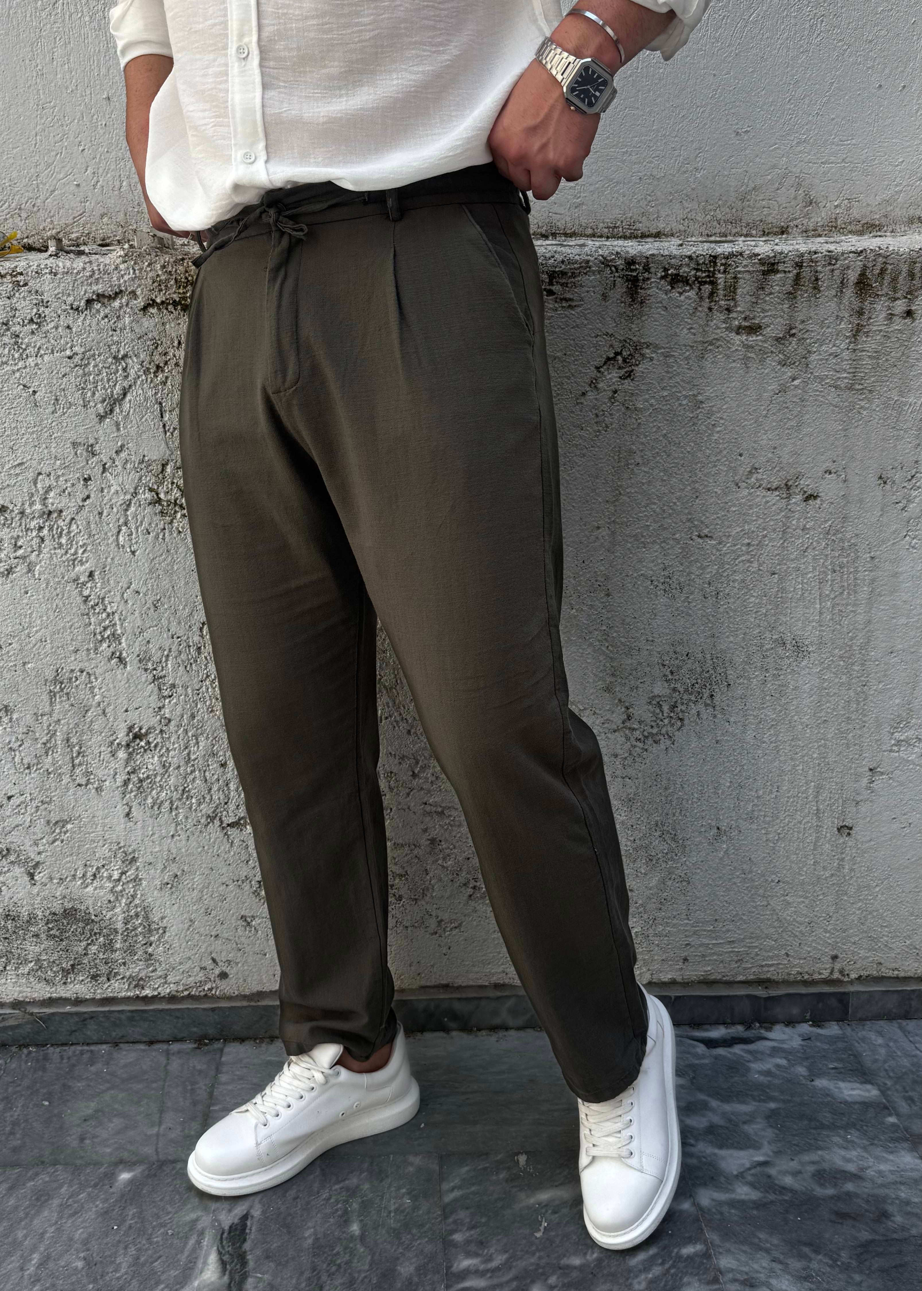 Basic Keten Baggy Pantolon Haki Yeşil