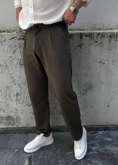 Basic Keten Baggy Pantolon Haki Yeşil