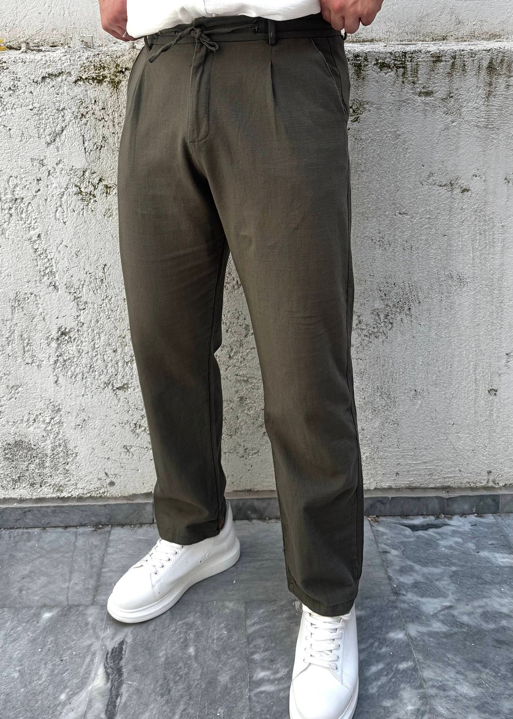 Basic Keten Baggy Pantolon Haki Yeşil