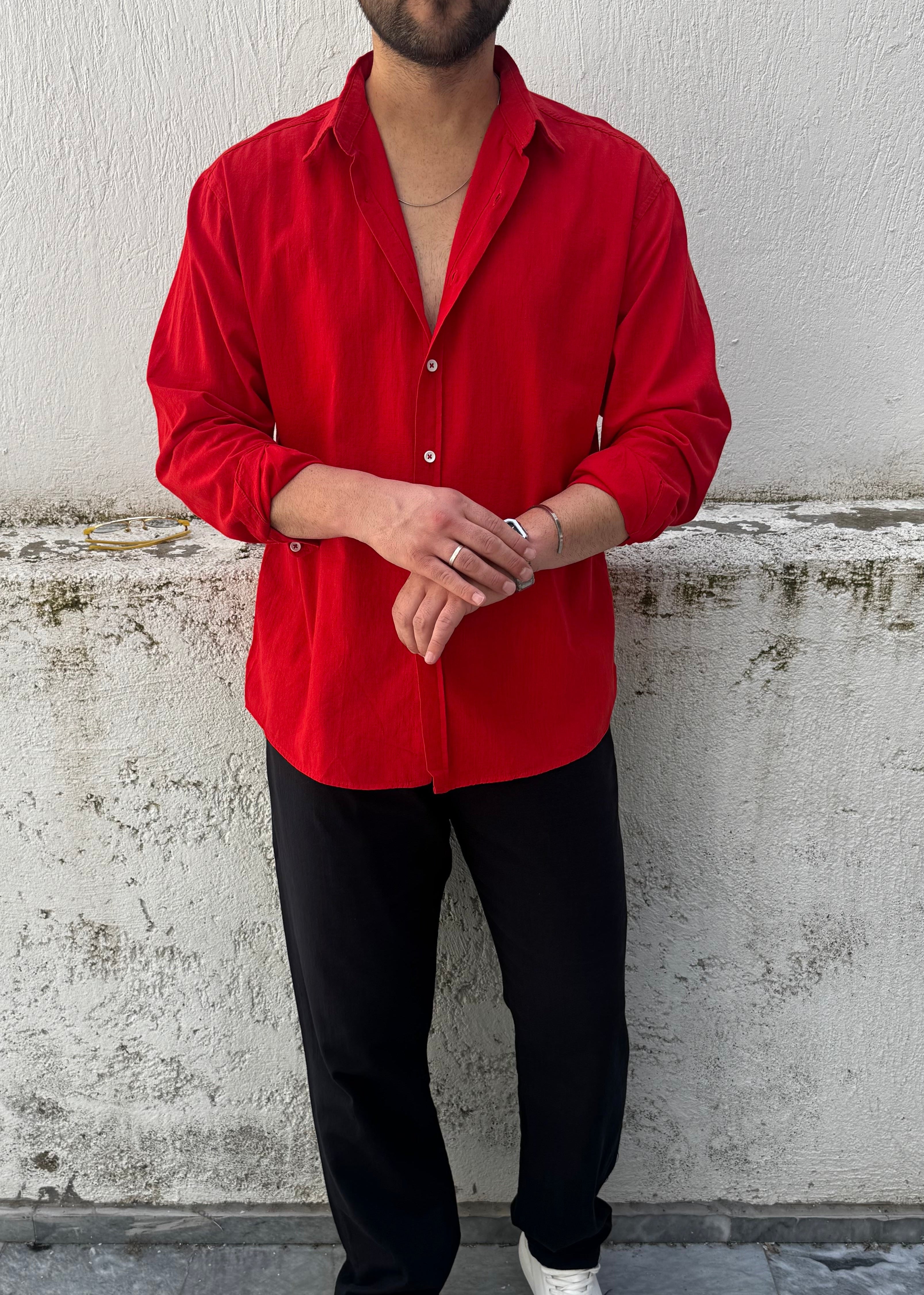 Basic Oversize Göbiş Gömlek Kırmızı