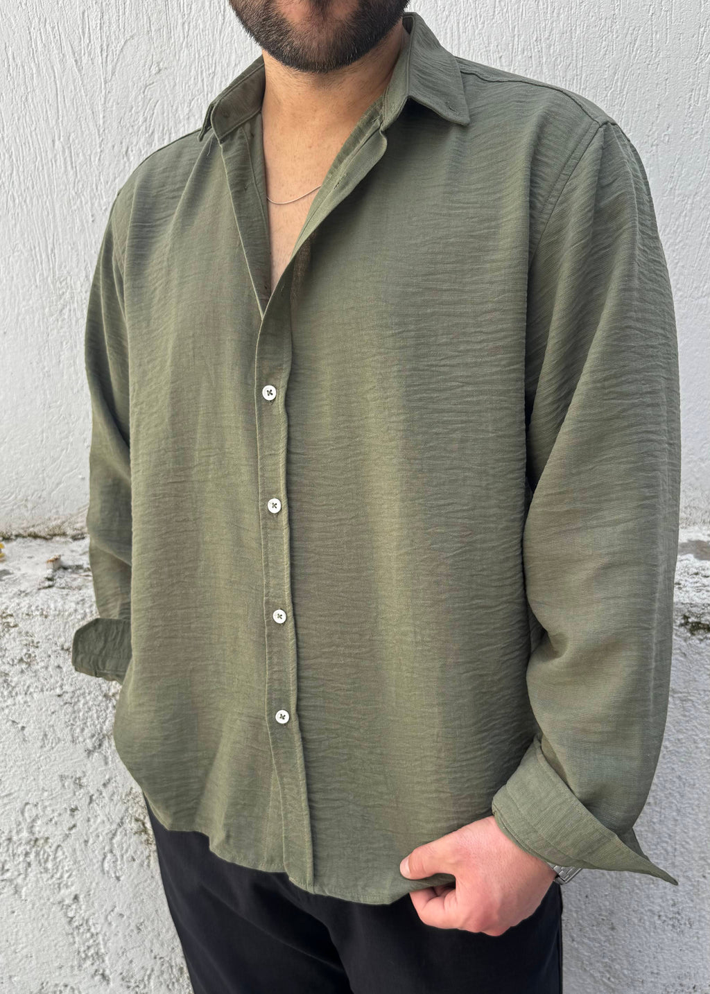Basic Oversize Göbiş Gömlek Haki Yeşil
