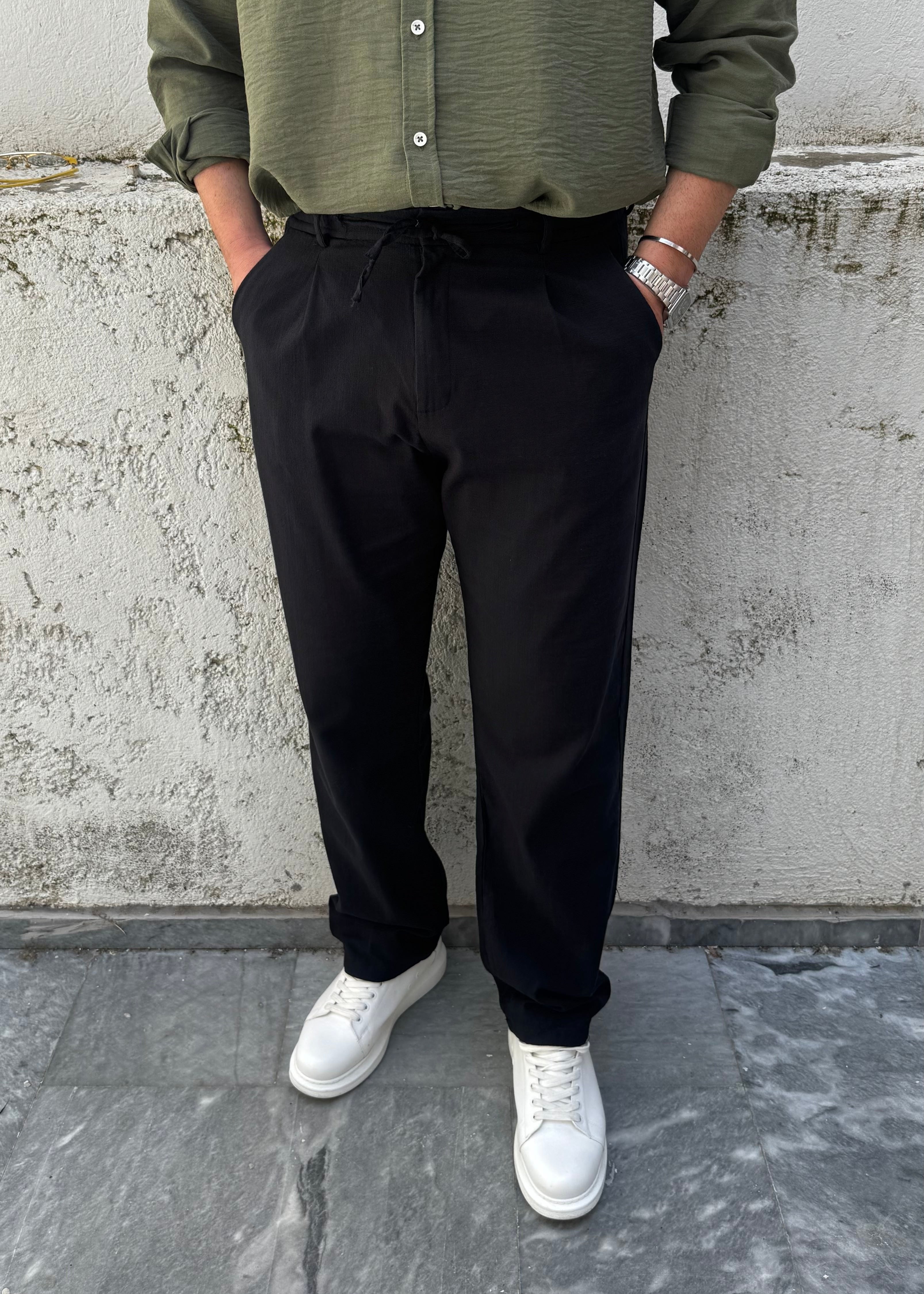 Basic Keten Baggy Pantolon Siyah