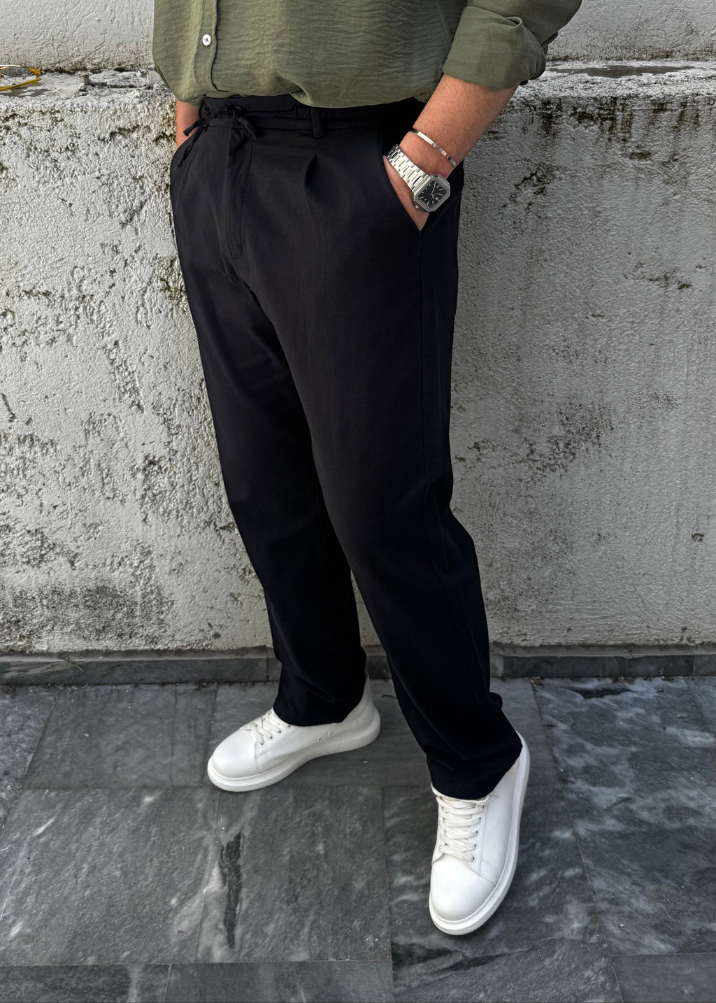 Basic Keten Baggy Pantolon Siyah