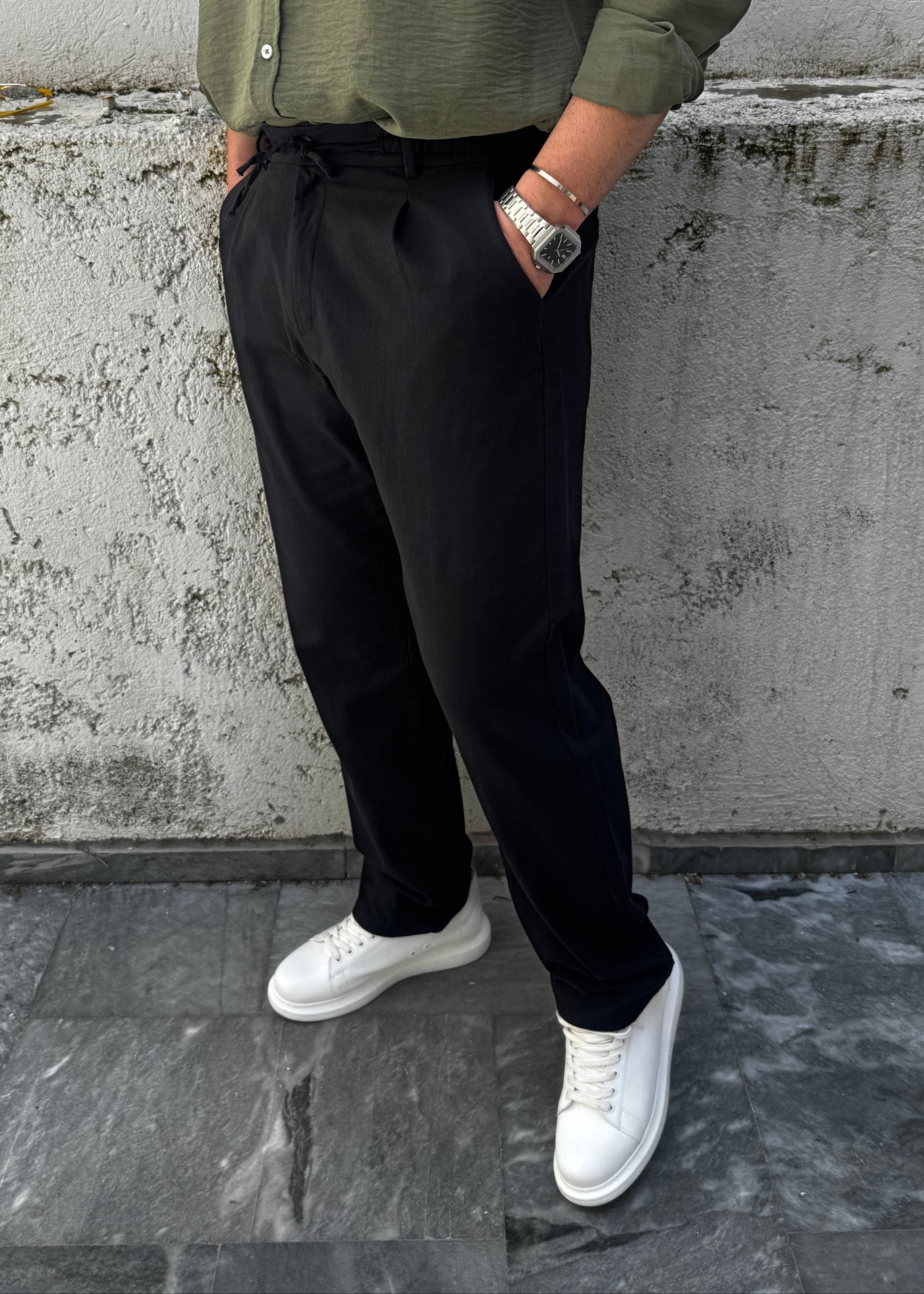 Basic Keten Baggy Pantolon Siyah