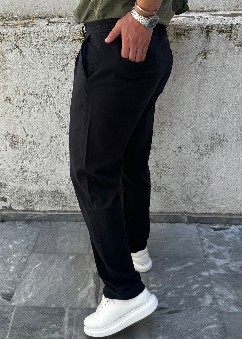 Basic Keten Baggy Pantolon Siyah