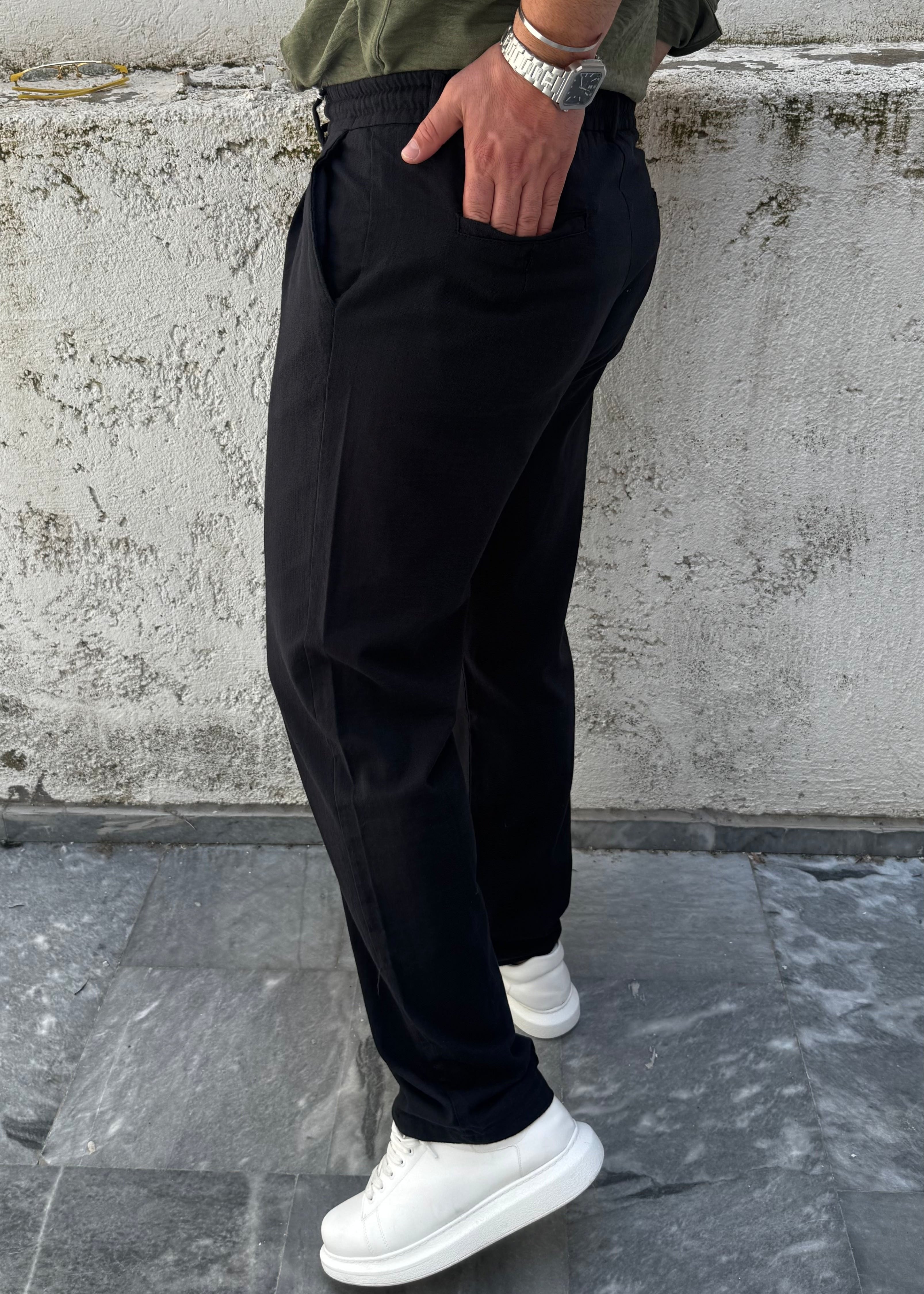 Basic Keten Baggy Pantolon Siyah