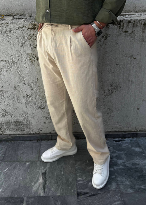 Basic Keten Baggy Pantolon Bej