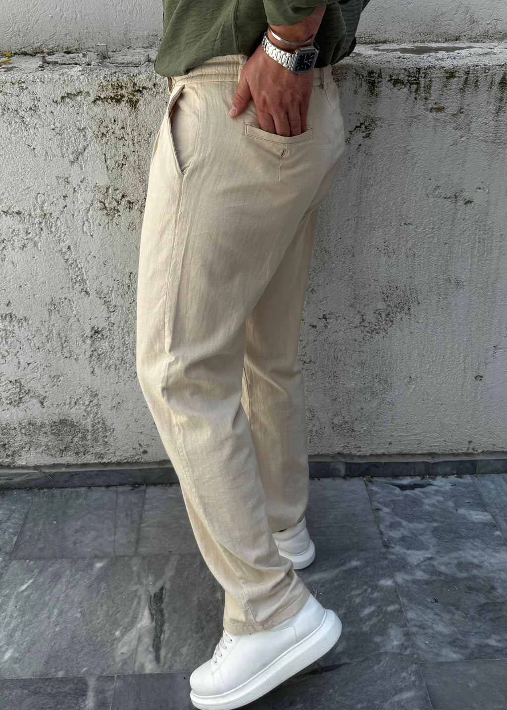 Basic Keten Baggy Pantolon Bej