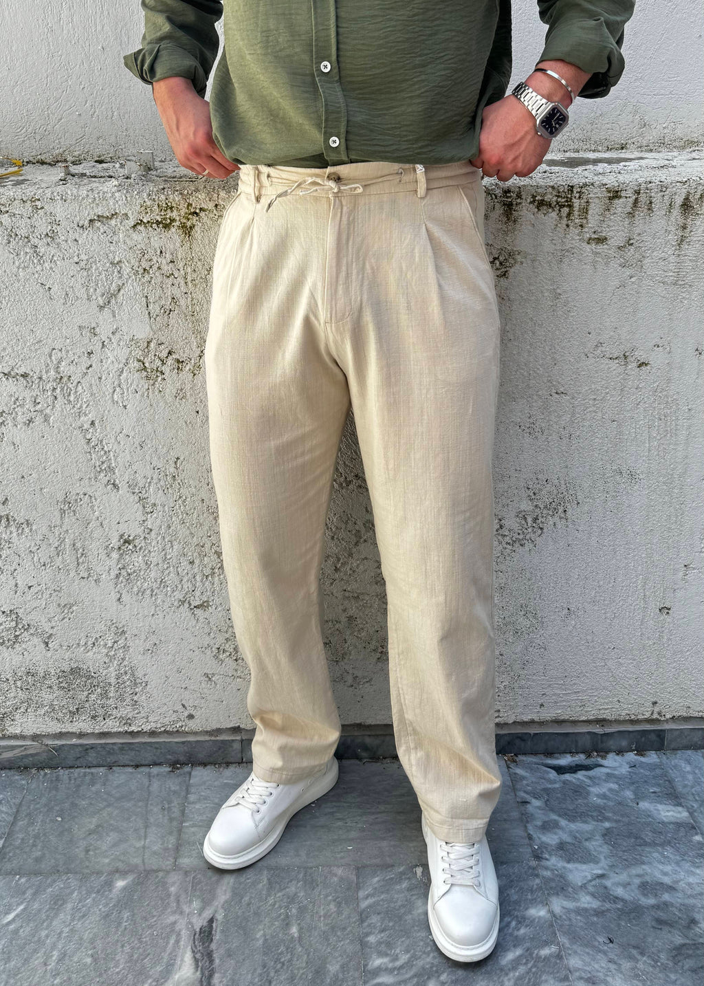 Basic Keten Baggy Pantolon Bej