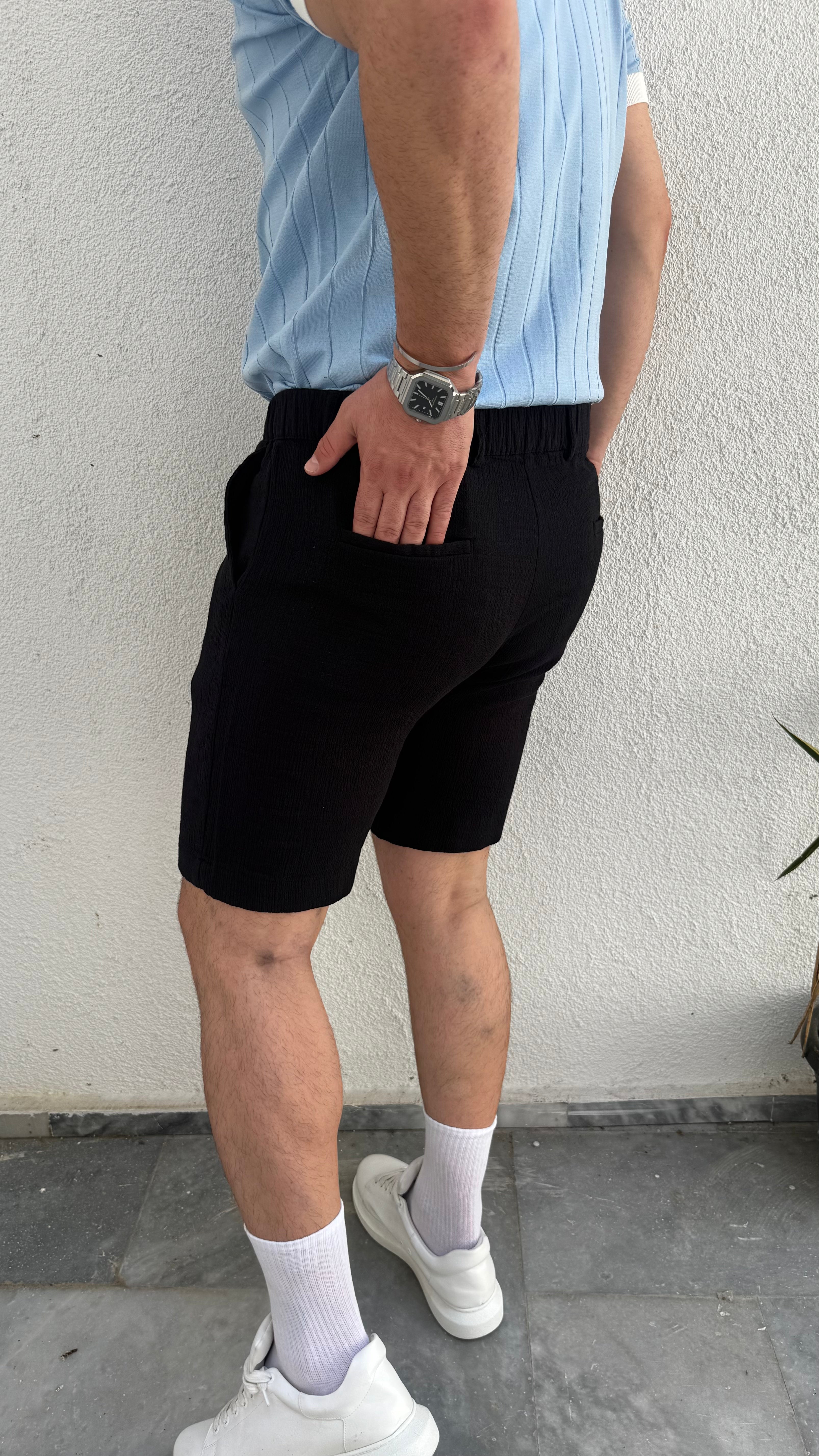 Beli Lastikli Keten Şort Siyah