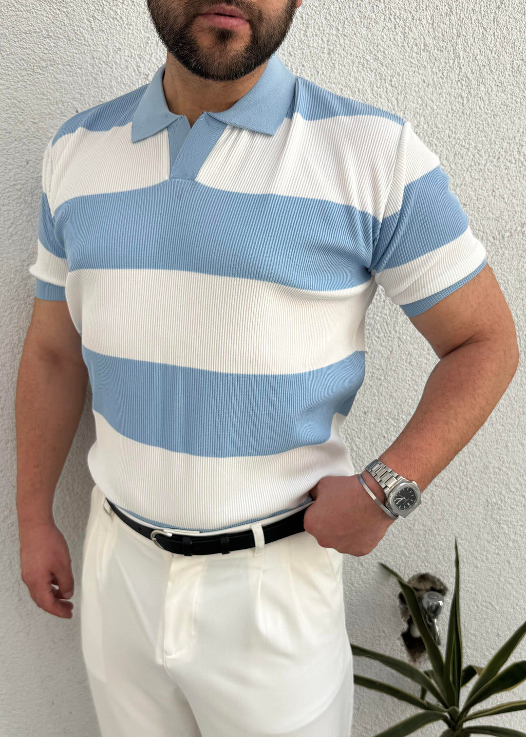 Mavi Beyaz Çizgili Polo Yaka T-shirt