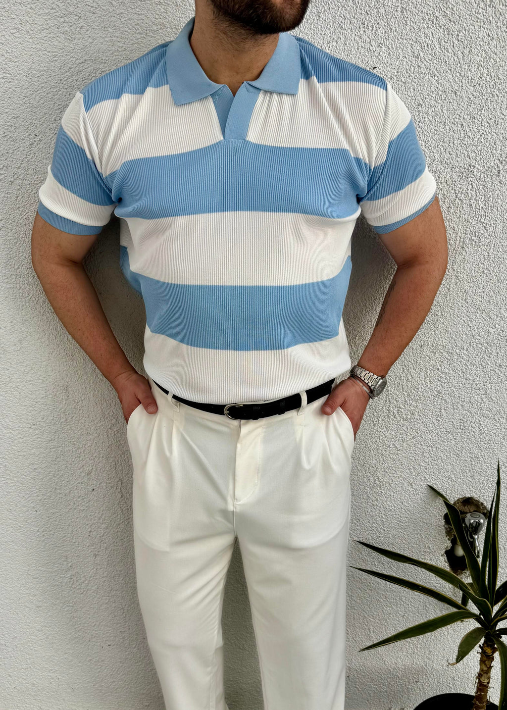 Mavi Beyaz Çizgili Polo Yaka T-shirt