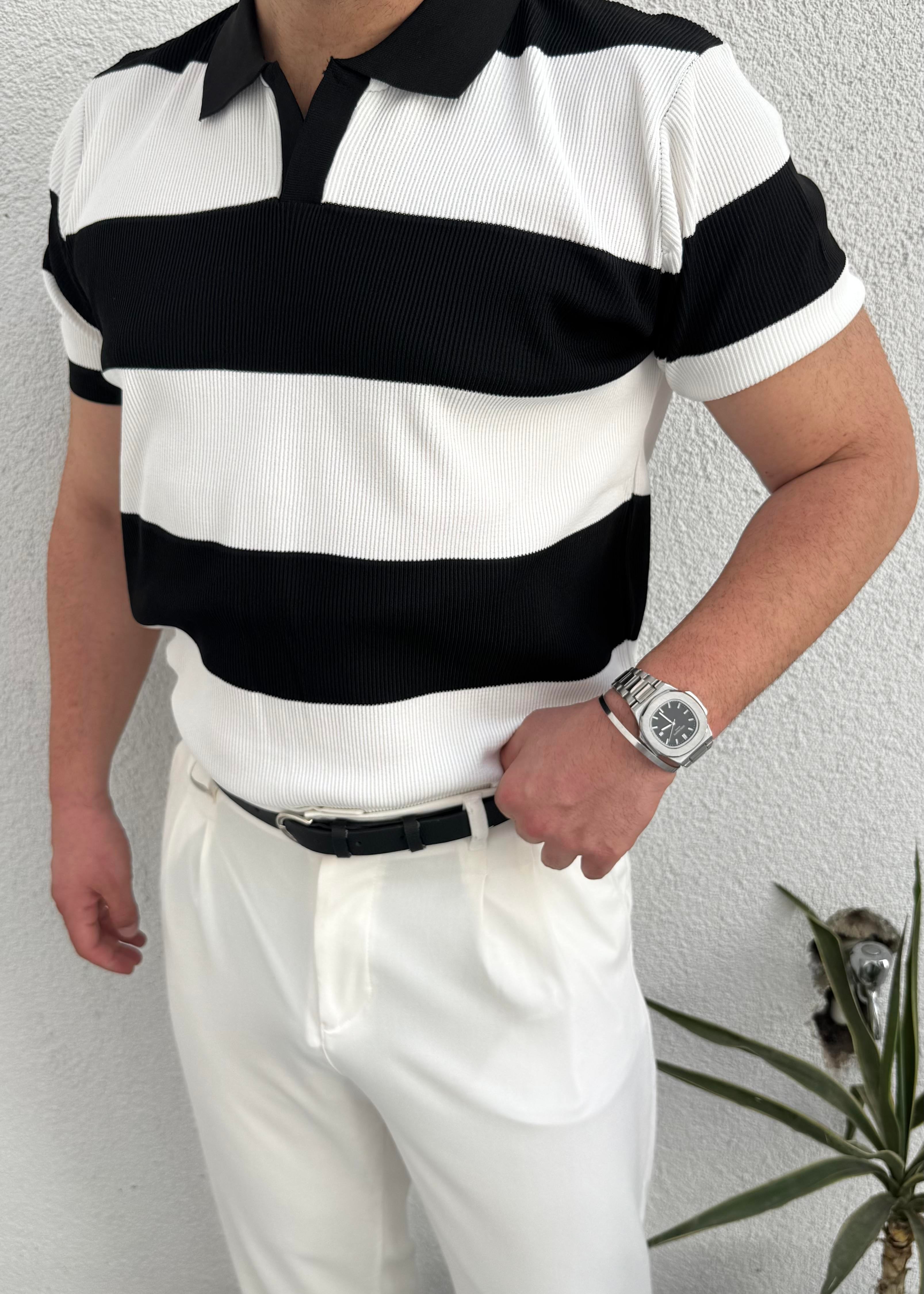 Siyah Beyaz Çizgili Triko Polo Yaka T-Shirt