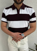 Beyaz Bordo Çizgili Triko Polo Yaka T-Shirt
