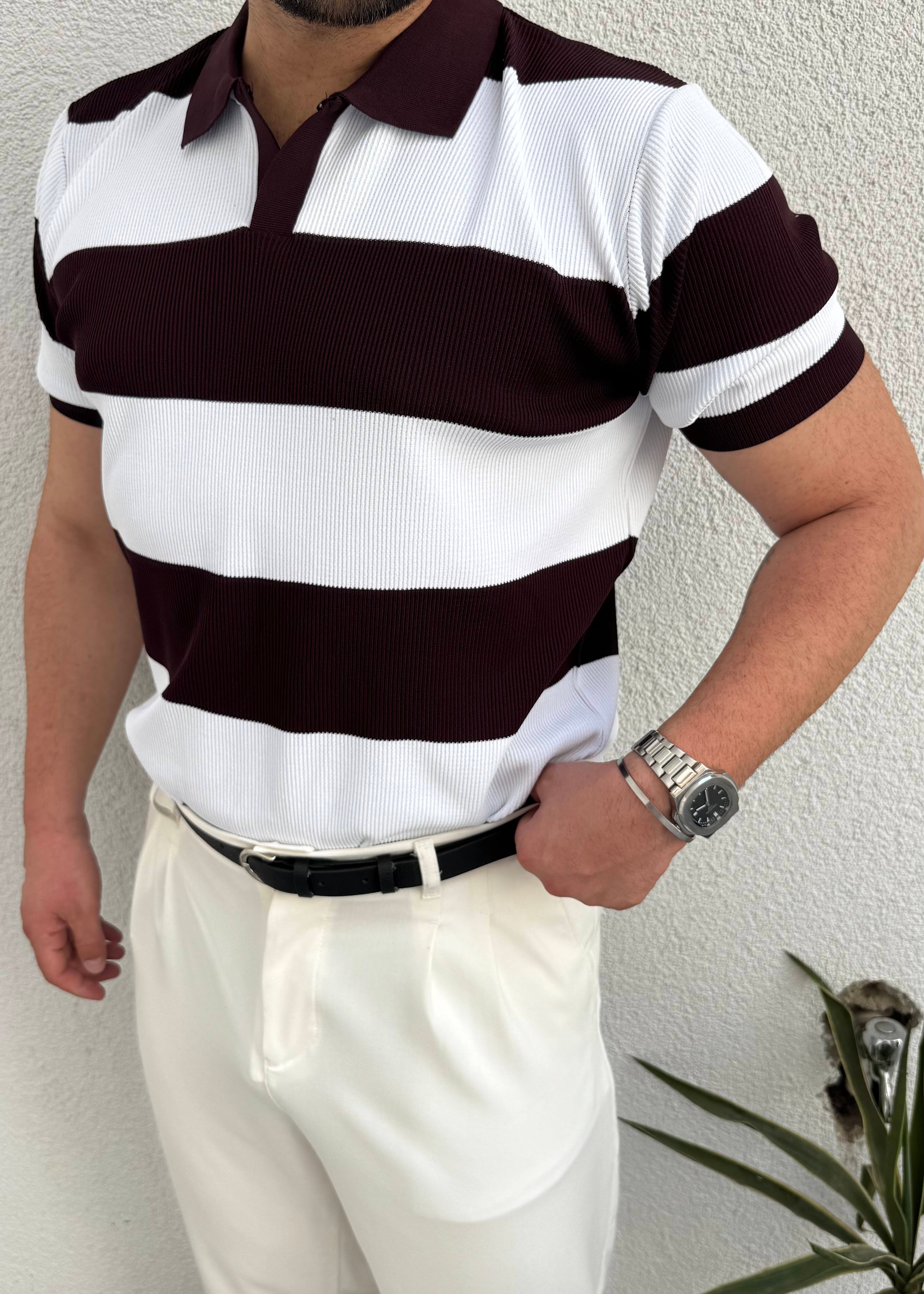 Beyaz Bordo Çizgili Triko Polo Yaka T-Shirt
