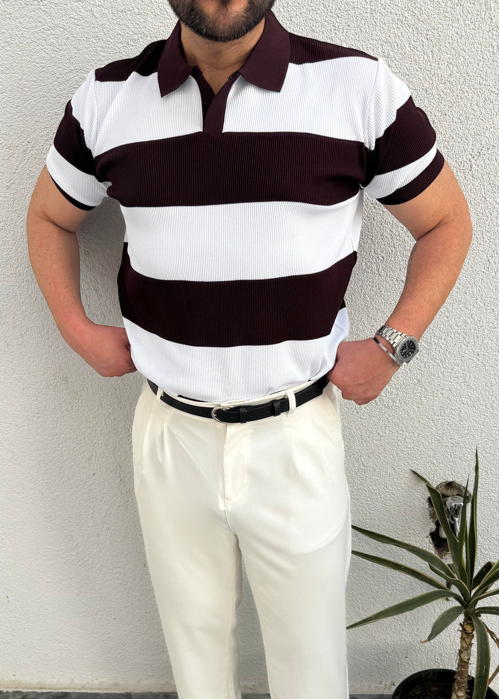 Beyaz Bordo Çizgili Triko Polo Yaka T-Shirt