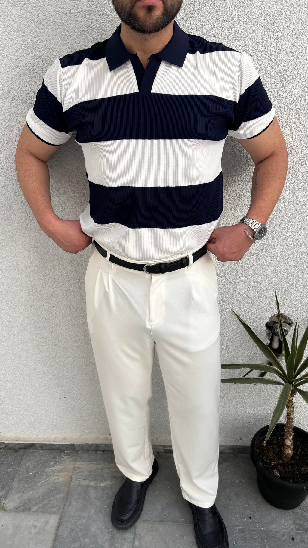 Lacivert Beyaz Çizgili Polo Yaka T-shirt