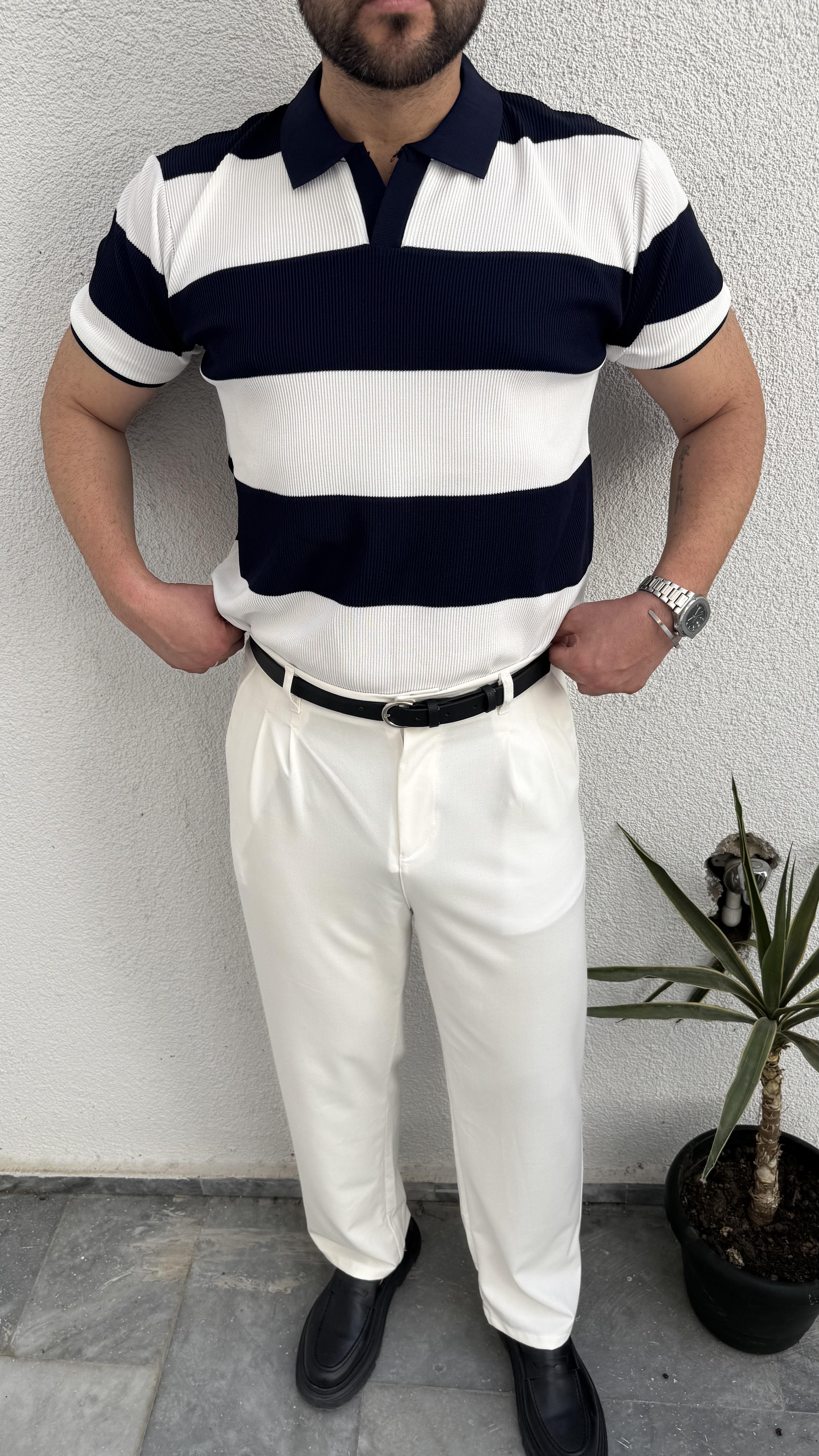 Lacivert Beyaz Çizgili Polo Yaka T-shirt