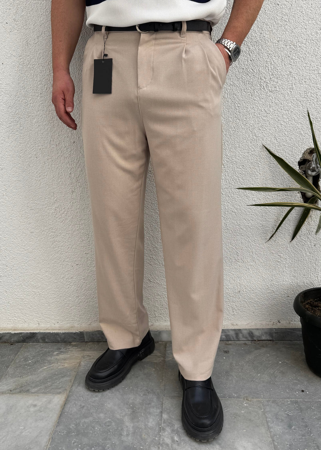 Pileli Kumaş Baggy Pantolon Krem