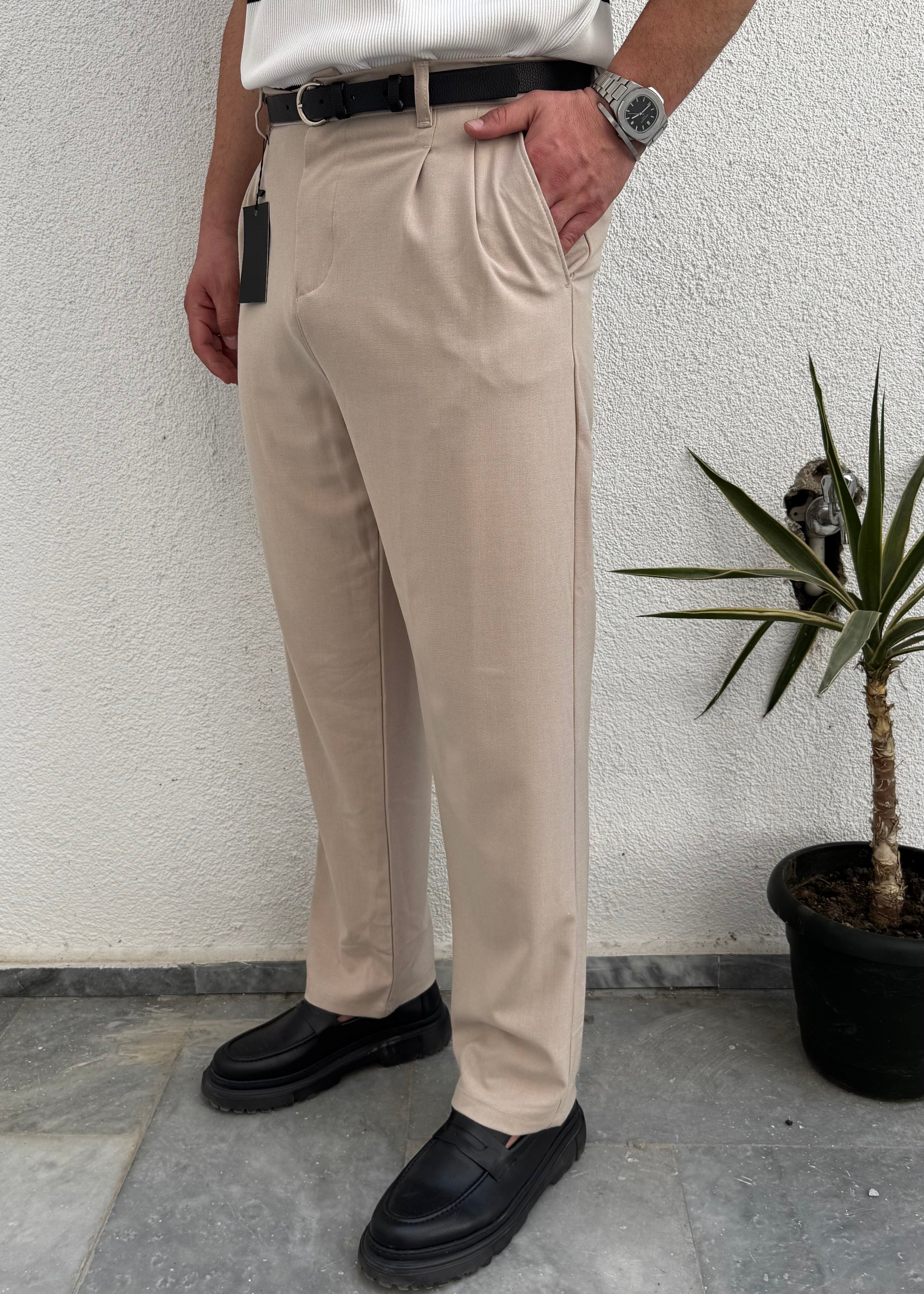 Pileli Kumaş Baggy Pantolon Krem
