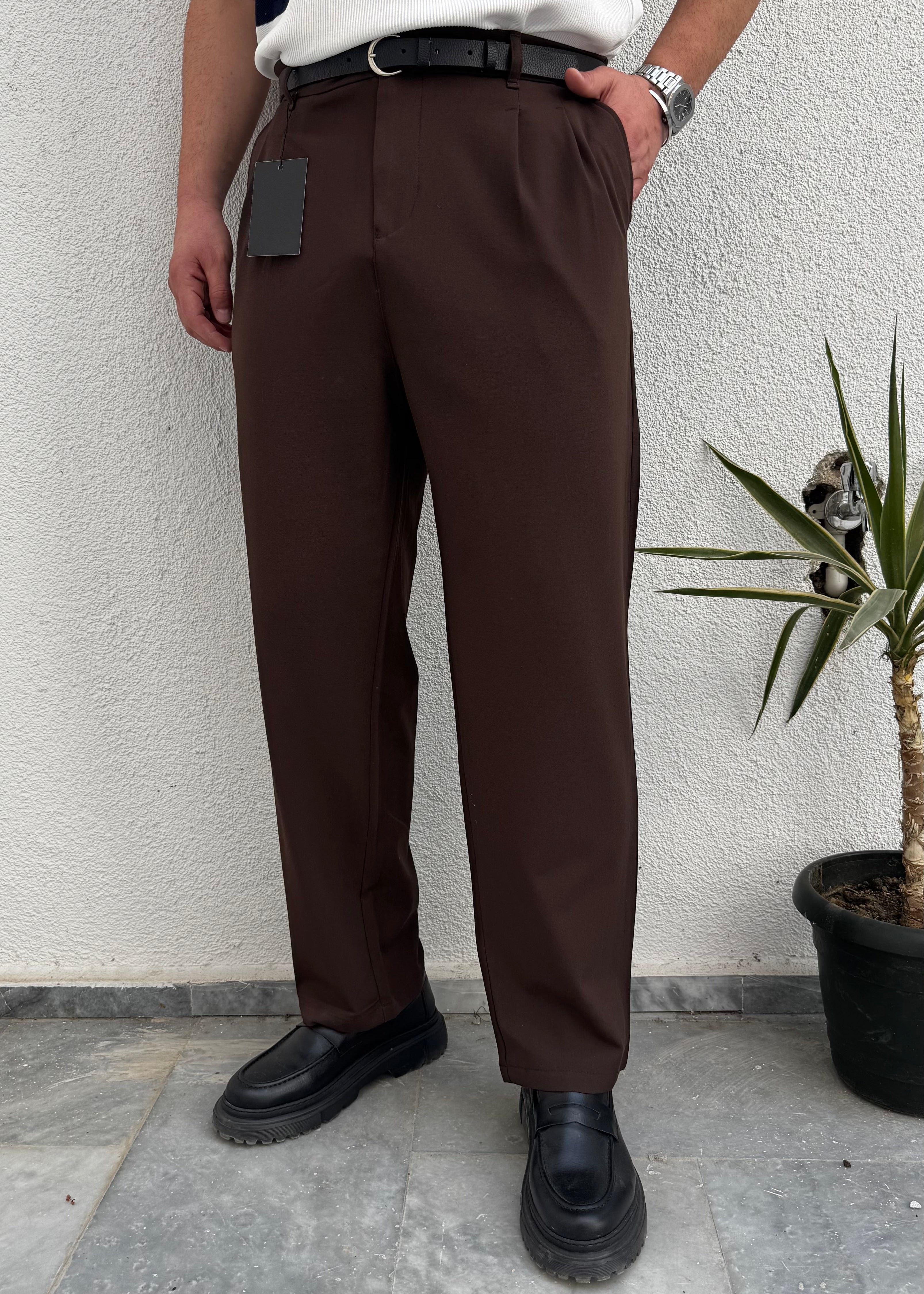 Pileli Kumaş Baggy Pantolon Kahverengi