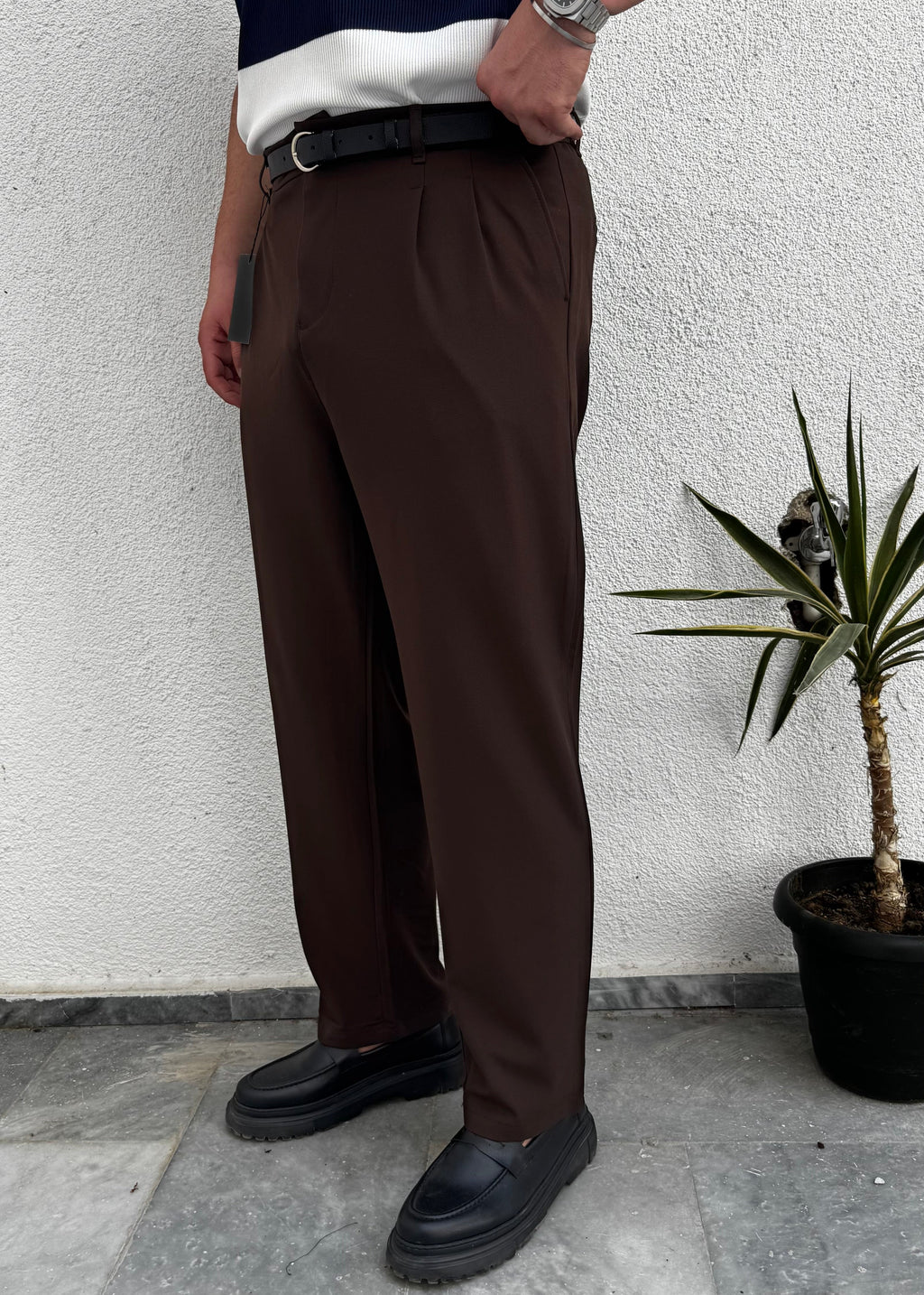 Pileli Kumaş Baggy Pantolon Kahverengi