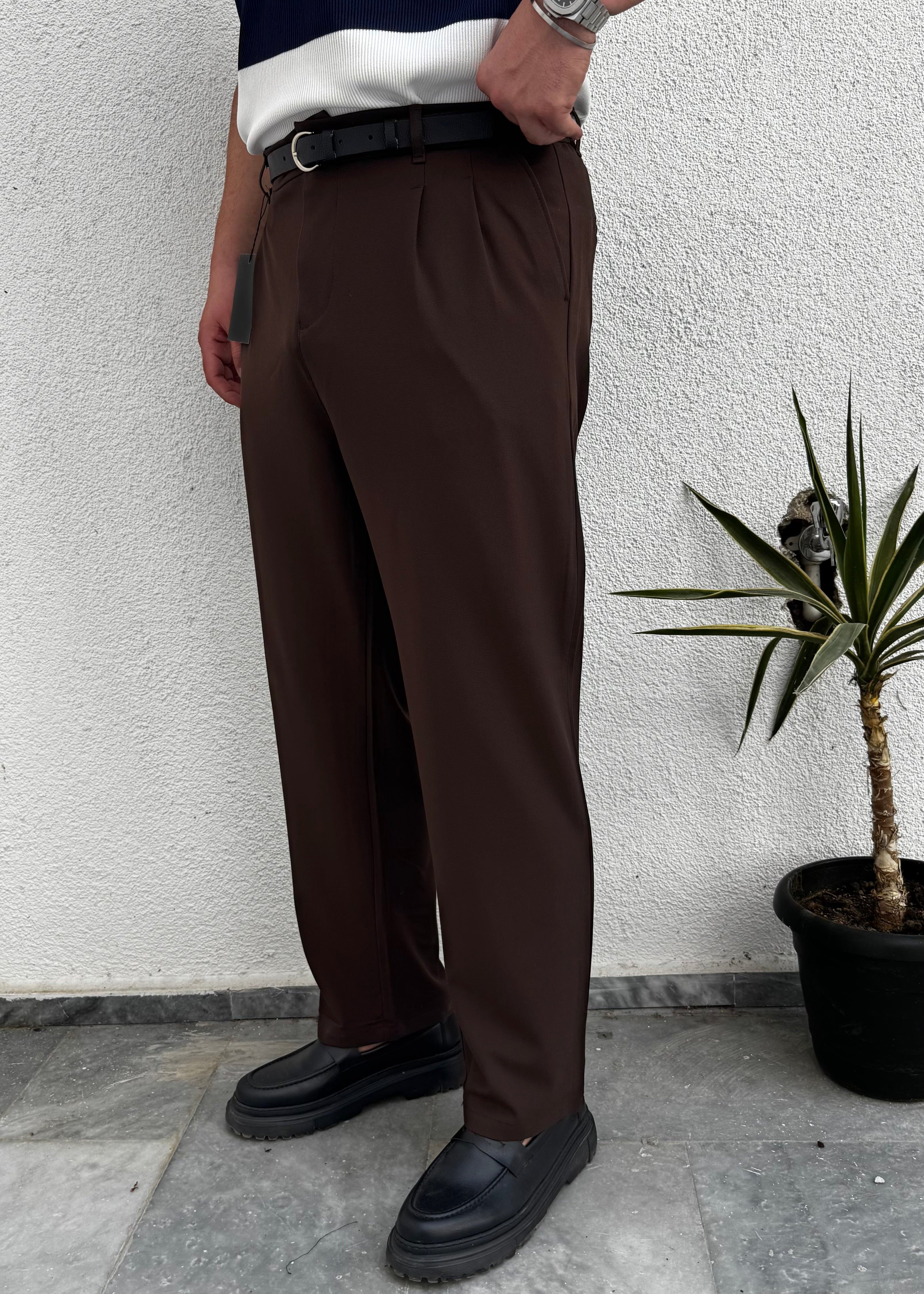 Pileli Kumaş Baggy Pantolon Kahverengi