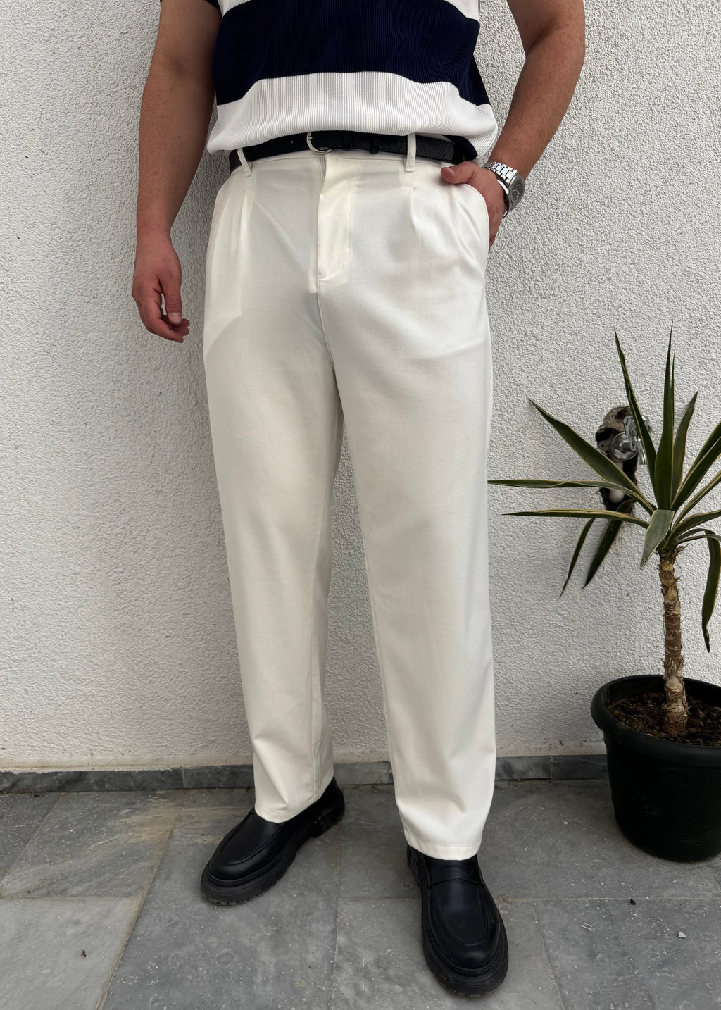 Pileli Kumaş Baggy Pantolon Beyaz