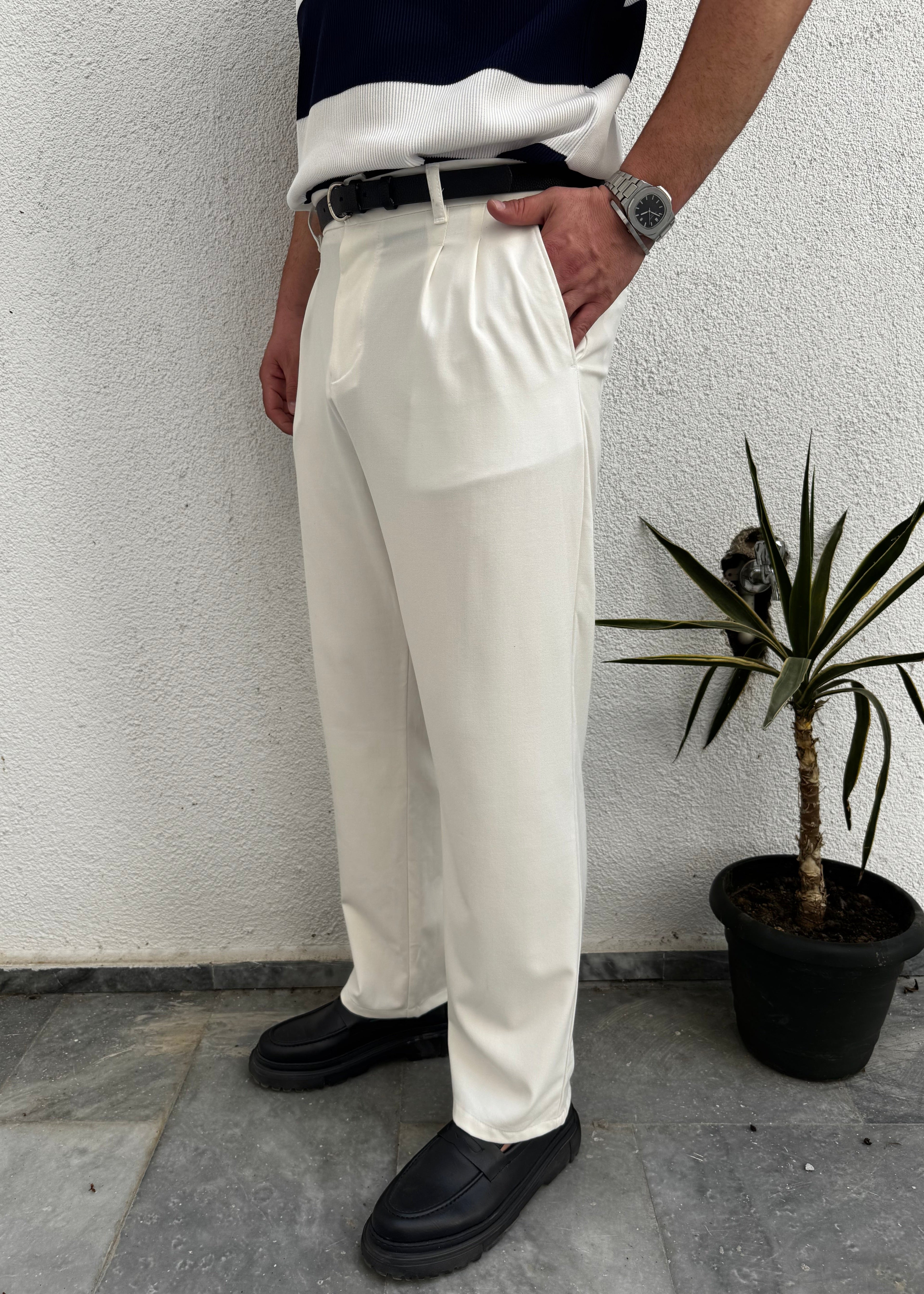 Pileli Kumaş Baggy Pantolon Beyaz