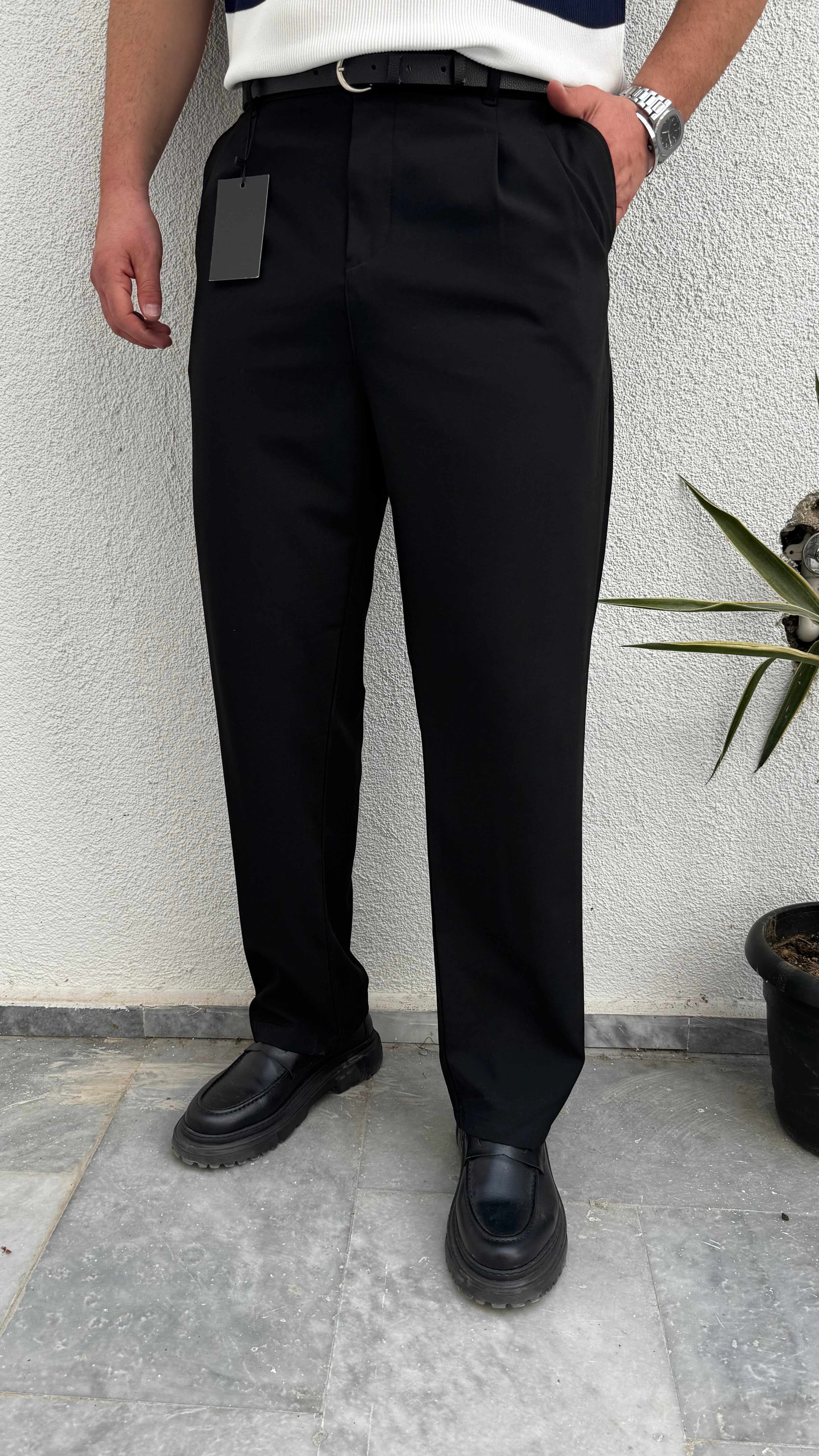 Pileli Kumaş Baggy Pantolon Siyah