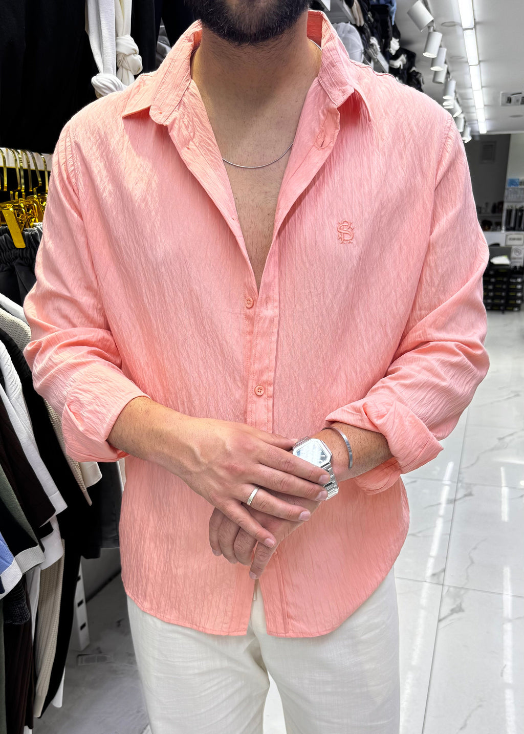 Tensel Oversize Desenli Gömlek Pembe