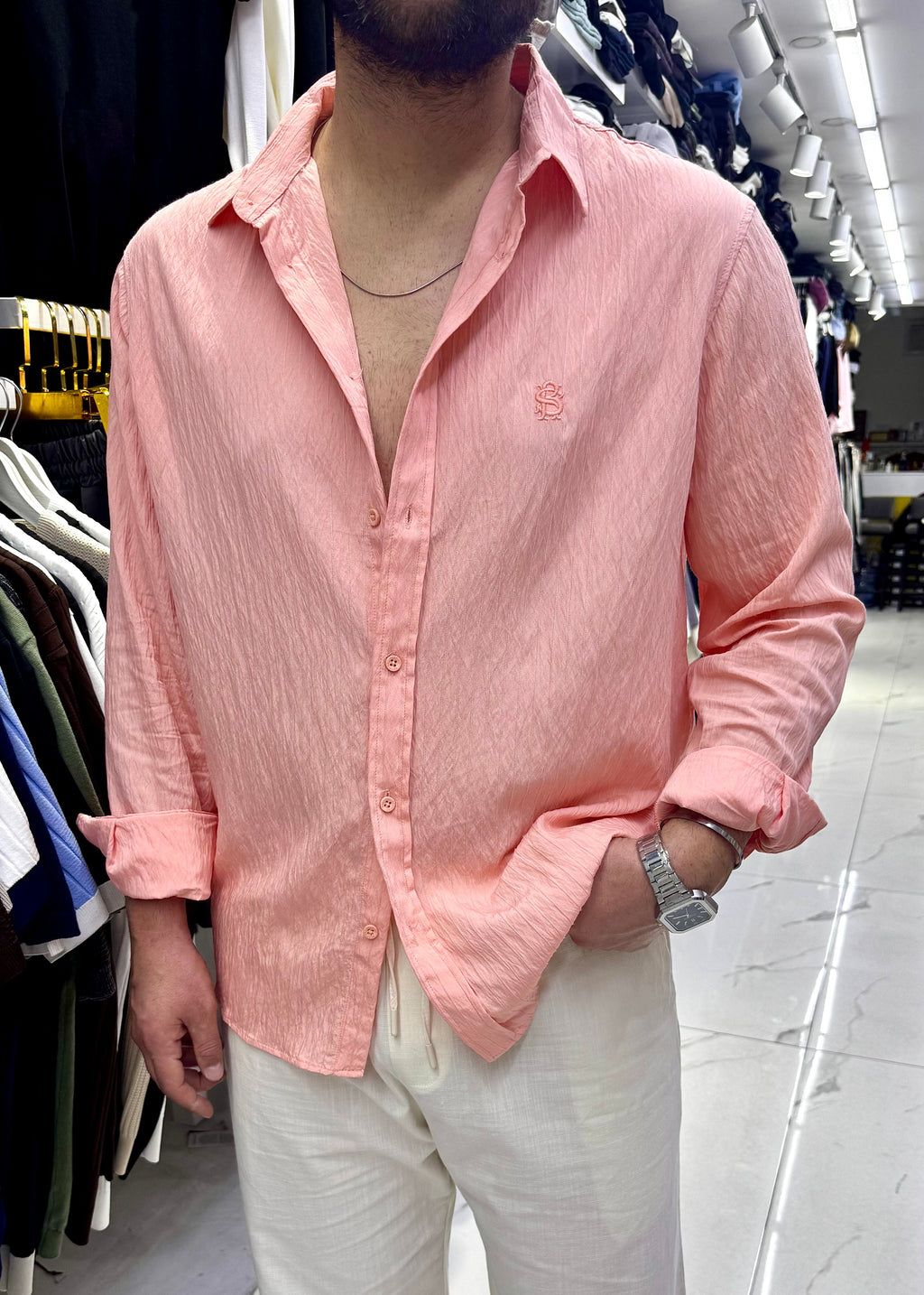 Tensel Oversize Desenli Gömlek Pembe