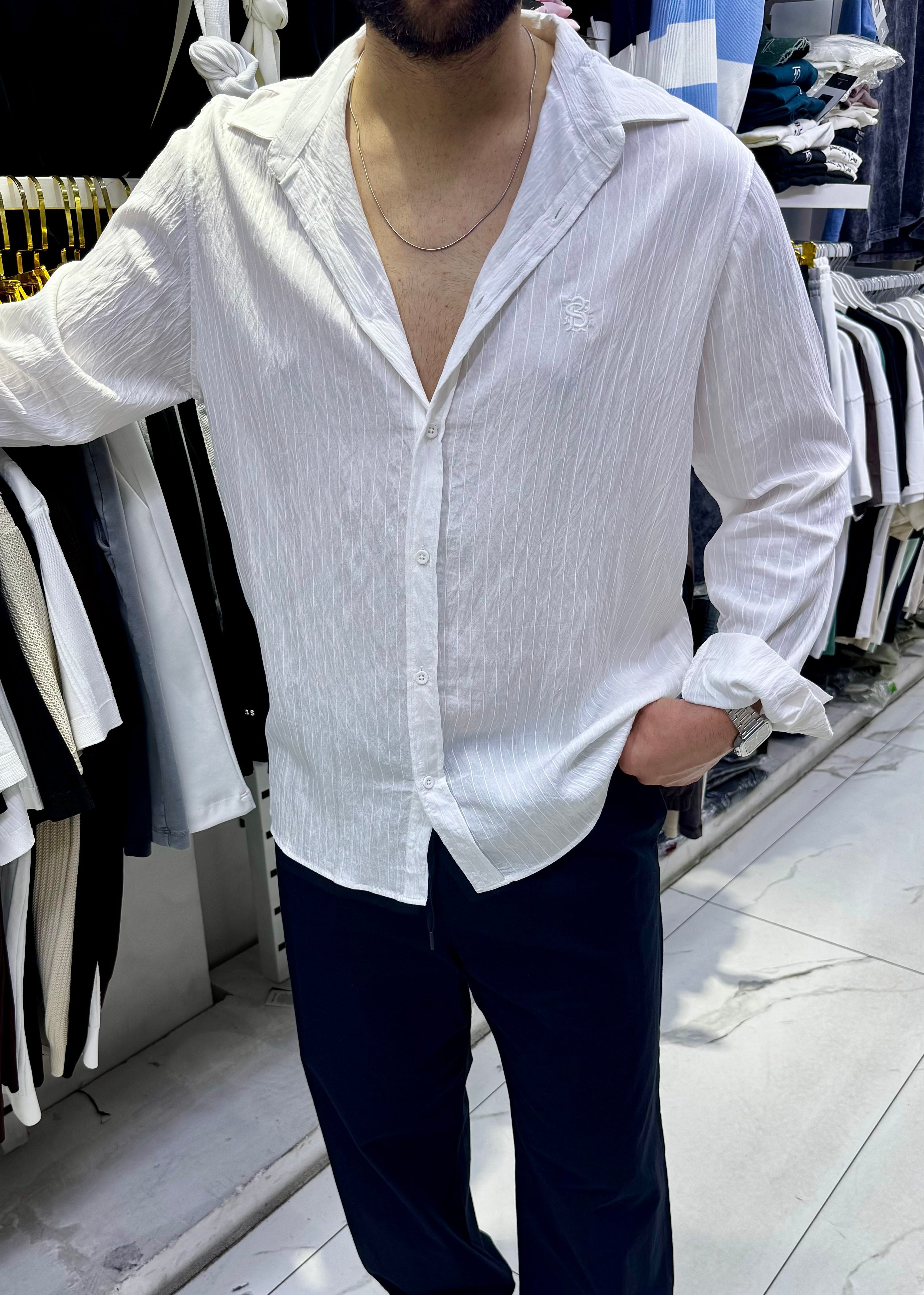 Tensel Oversize Desenli Gömlek Beyaz