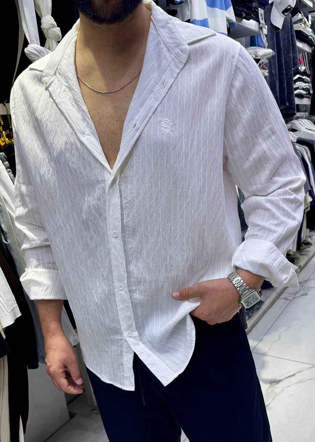 Tensel Oversize Desenli Gömlek Beyaz
