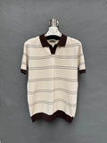 Polo Yaka Triko T-shirt Krem Kahverengi Çizgili