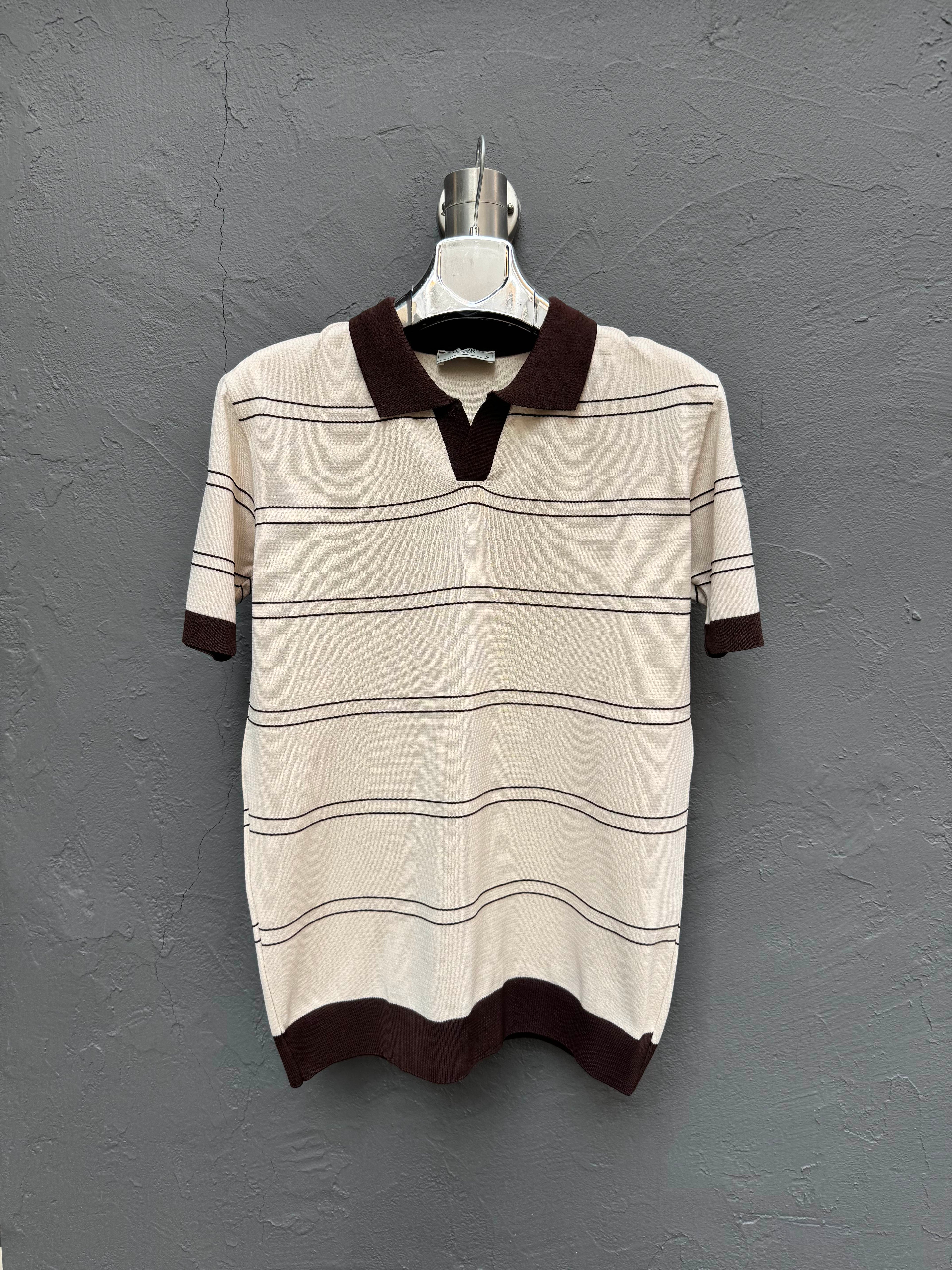 Polo Yaka Triko T-shirt Krem Kahverengi Çizgili