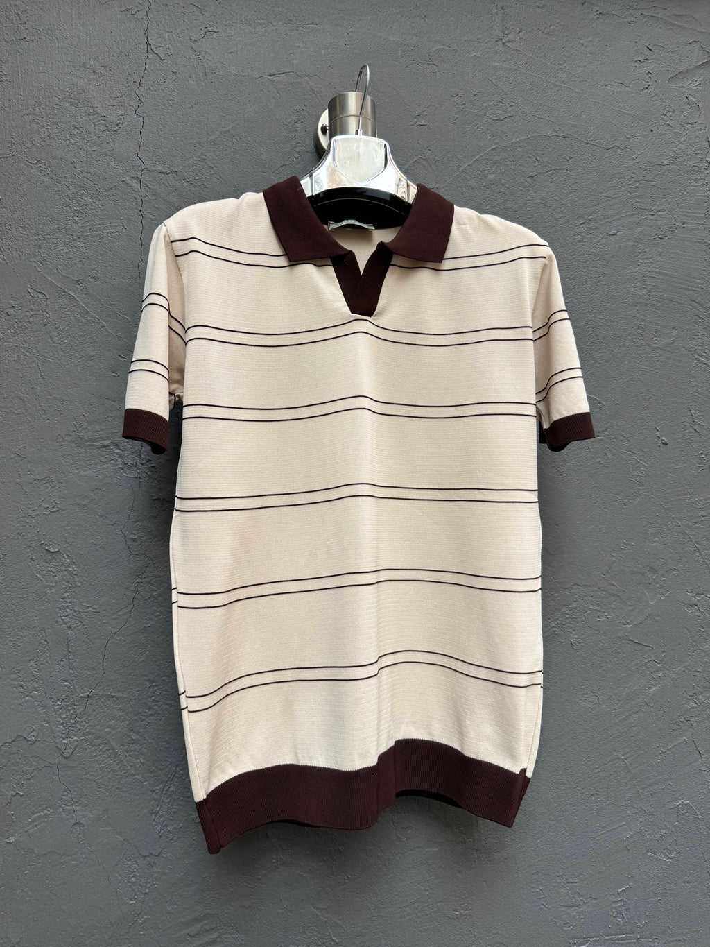Polo Yaka Triko T-shirt Krem Kahverengi Çizgili