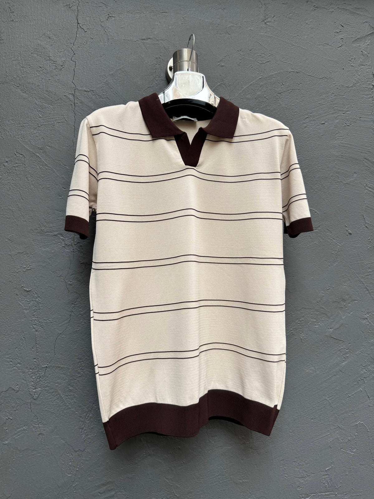 Polo Yaka Triko T-shirt Krem Kahverengi Çizgili