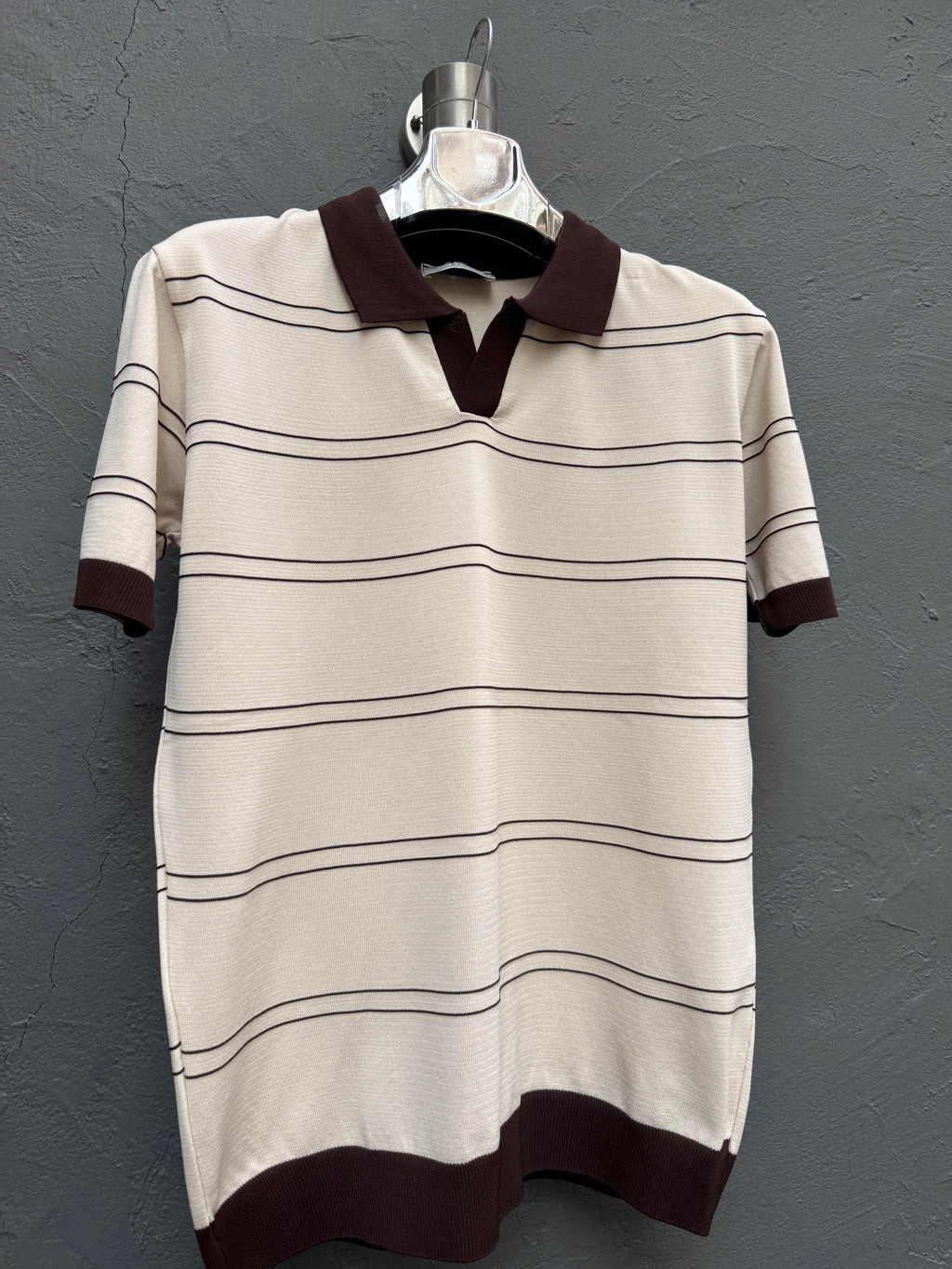 Polo Yaka Triko T-shirt Krem Kahverengi Çizgili