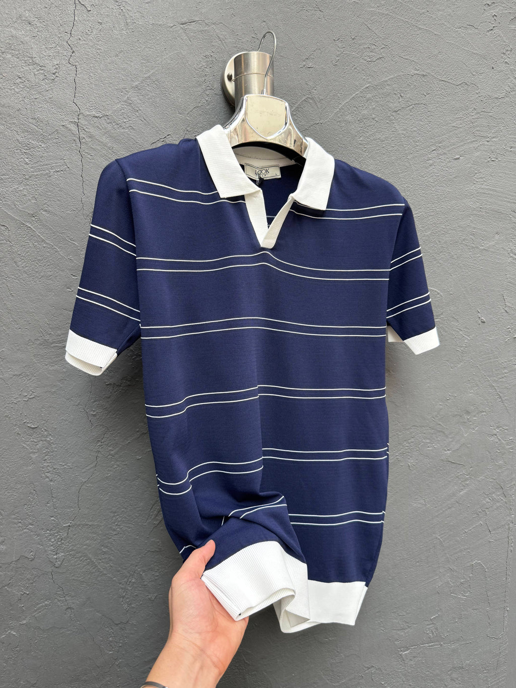 Polo Yaka Triko T-shirt Lacivert Beyaz Çizgili