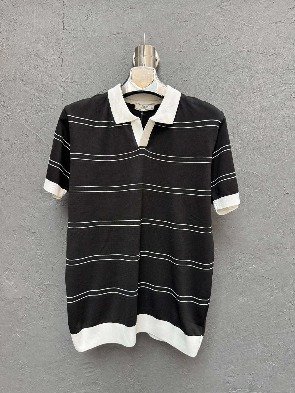 Polo Yaka Triko T-shirt Siyah Beyaz Çizgili